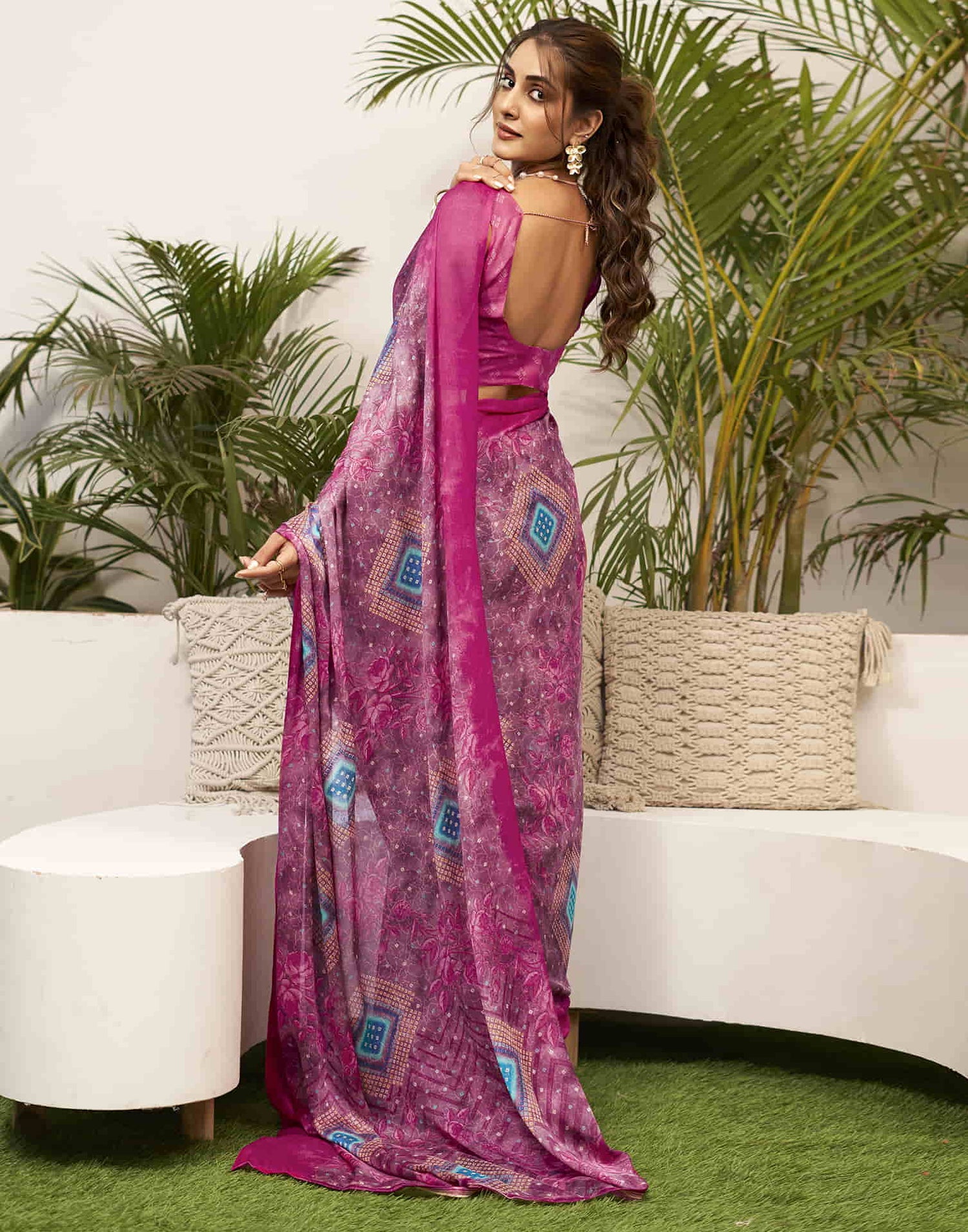 Magenta Chiffon Bandhani Printed Saree