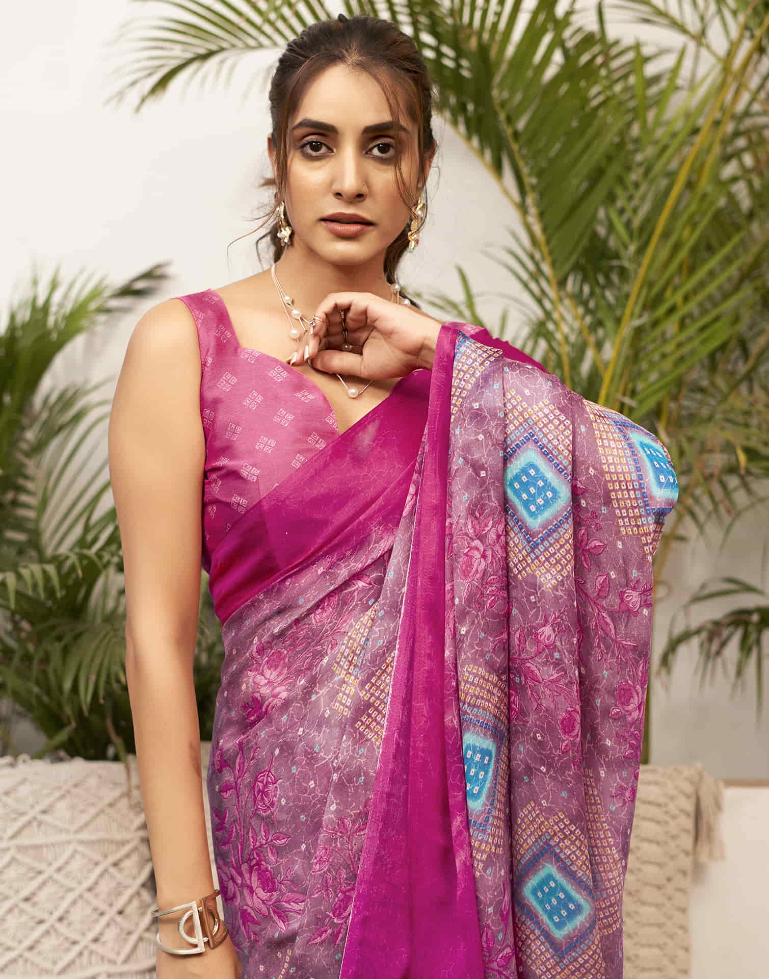 Magenta Chiffon Bandhani Printed Saree