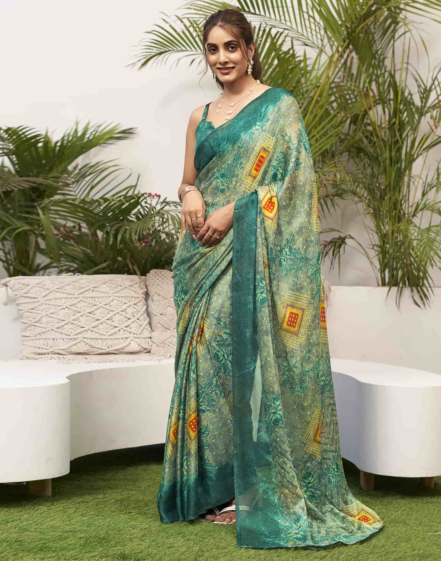 Dark Teal Green Chiffon Bandhani Printed Saree