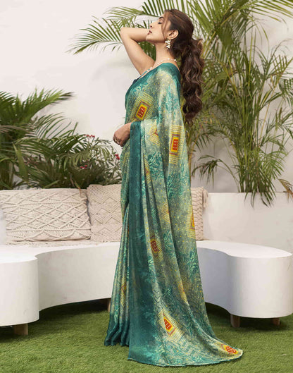 Dark Teal Green Chiffon Bandhani Printed Saree