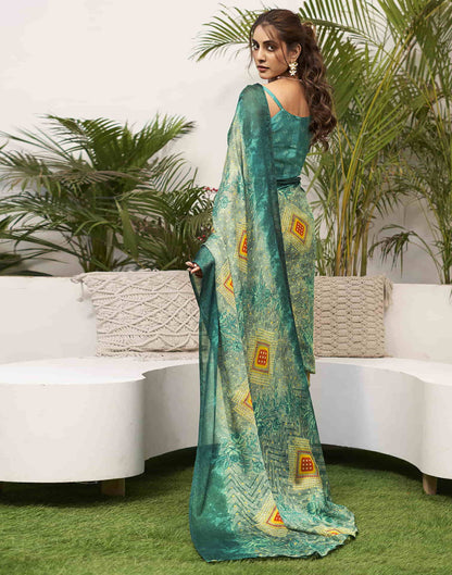 Dark Teal Green Chiffon Bandhani Printed Saree