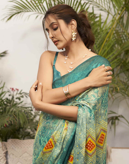 Dark Teal Green Chiffon Bandhani Printed Saree