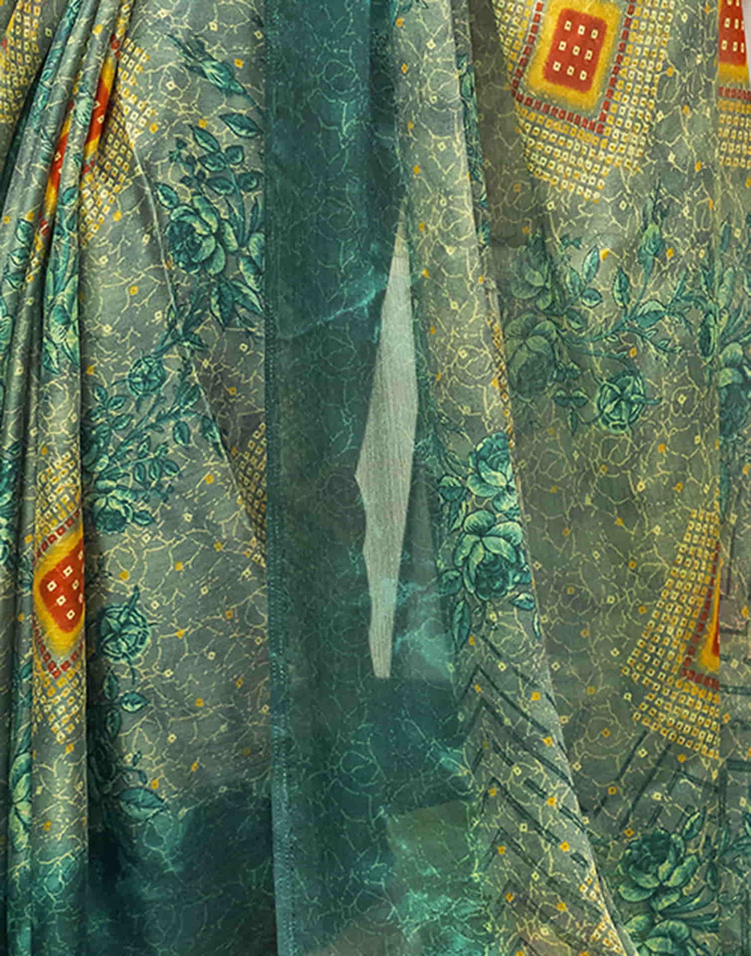 Dark Teal Green Chiffon Bandhani Printed Saree