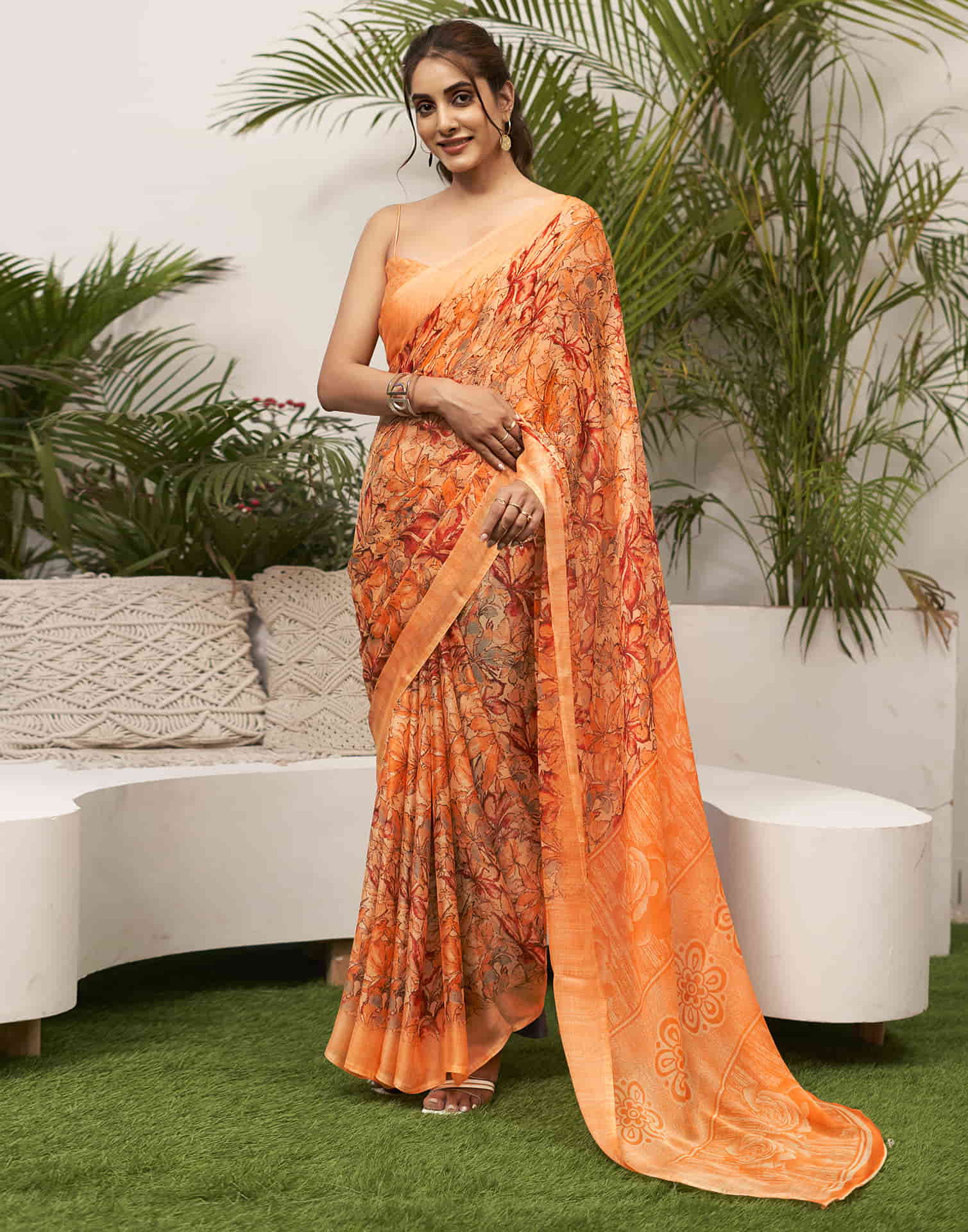 Light Orange Chiffon Printed Saree