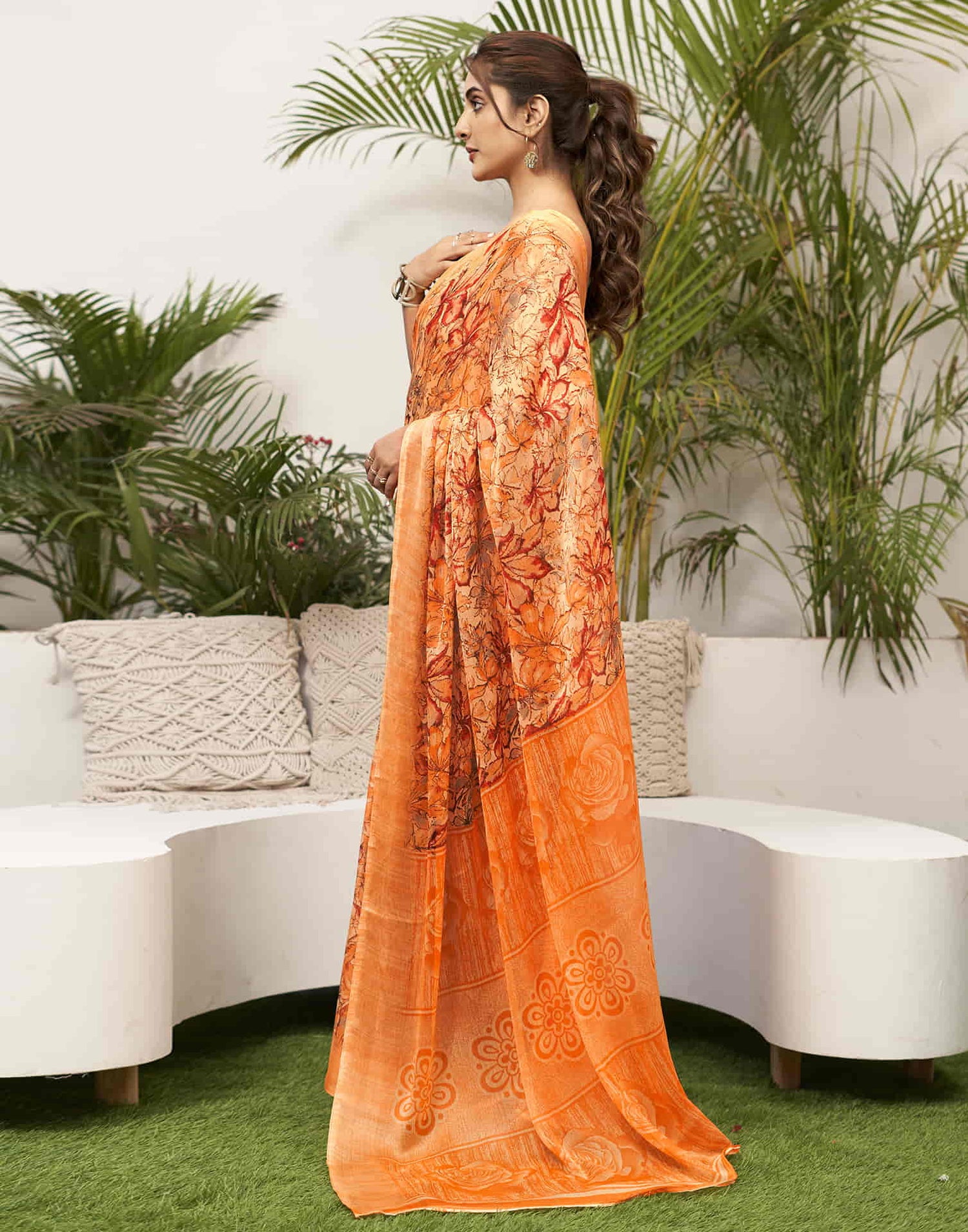 Light Orange Chiffon Printed Saree