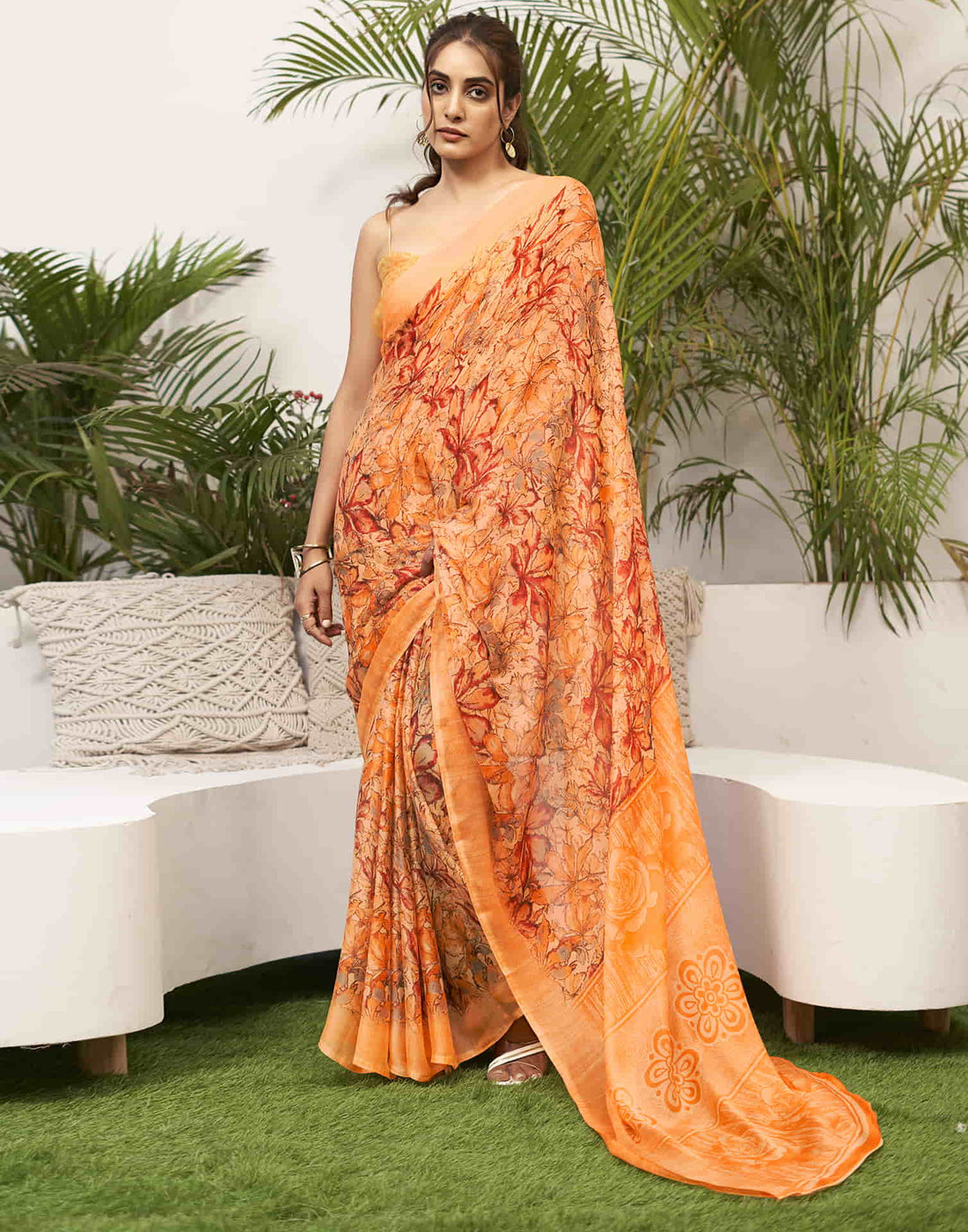 Light Orange Chiffon Printed Saree