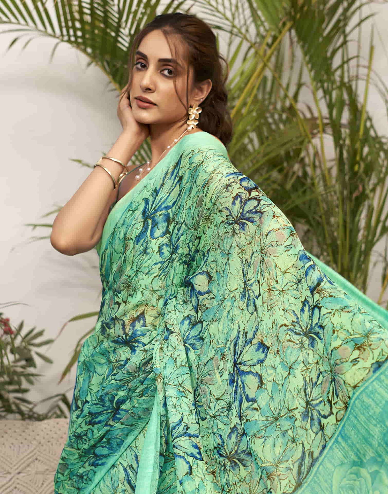 Mint Green Chiffon Printed Saree