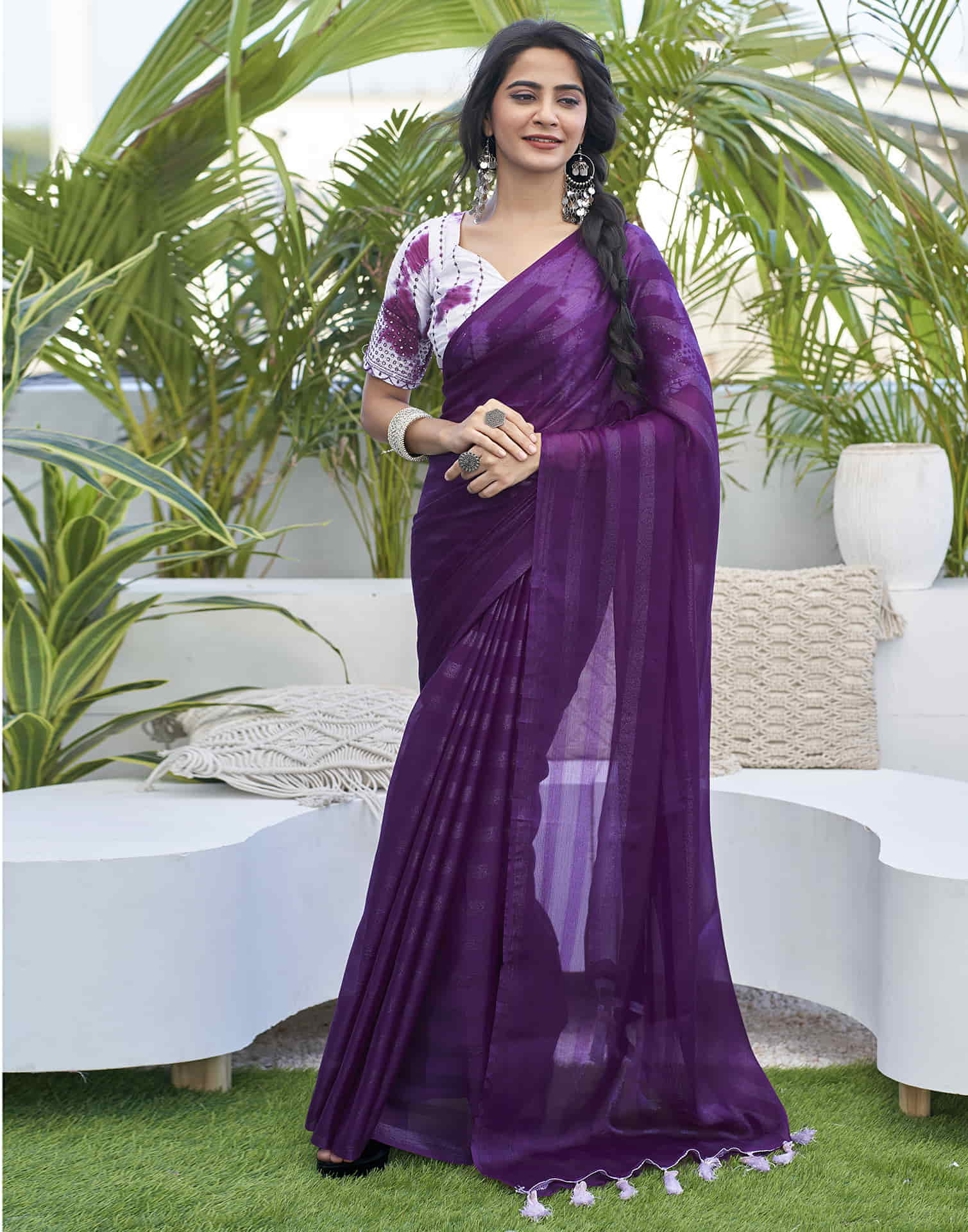 Dark Purple Chiffon Zari Plain Saree