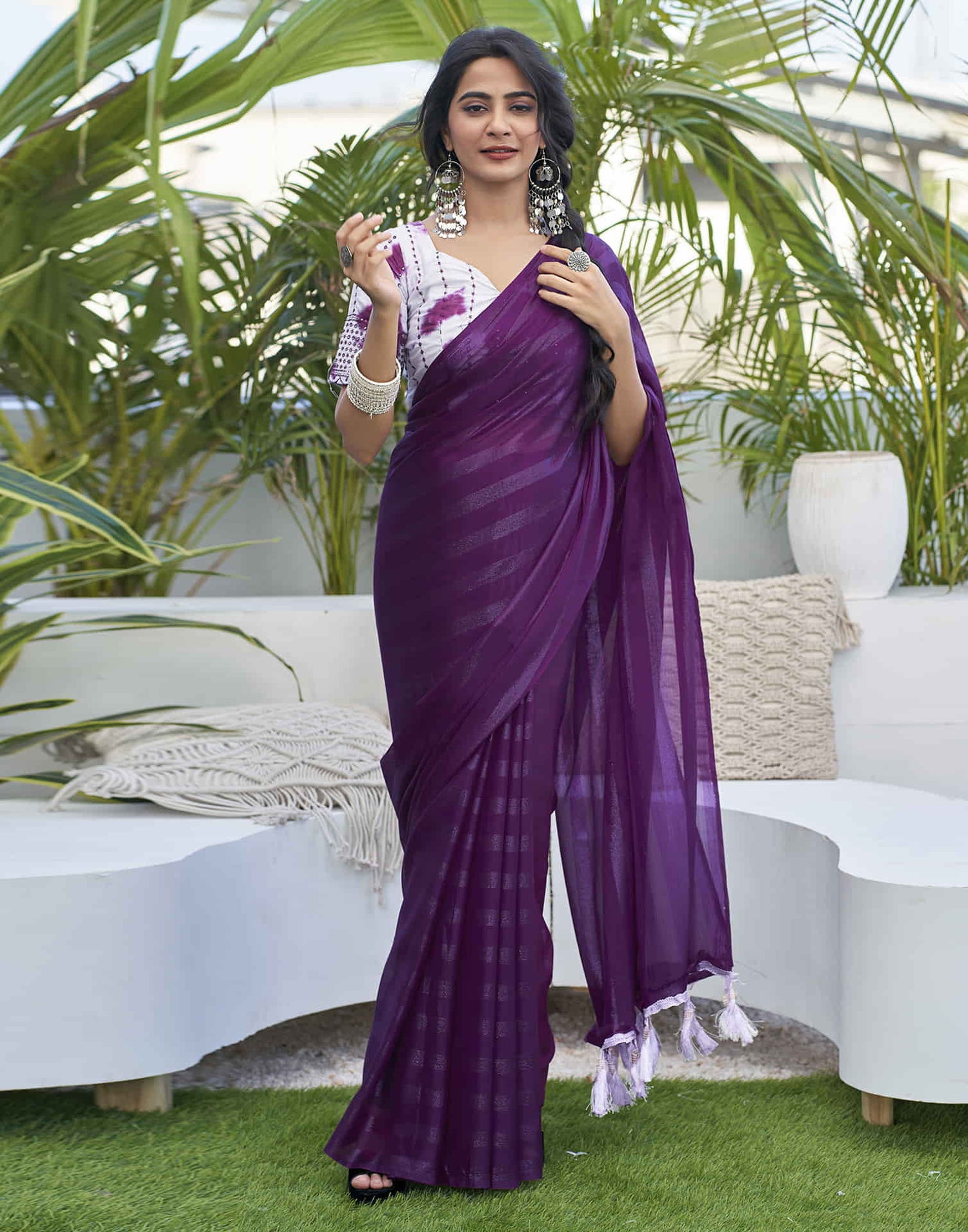 Dark Purple Chiffon Zari Plain Saree