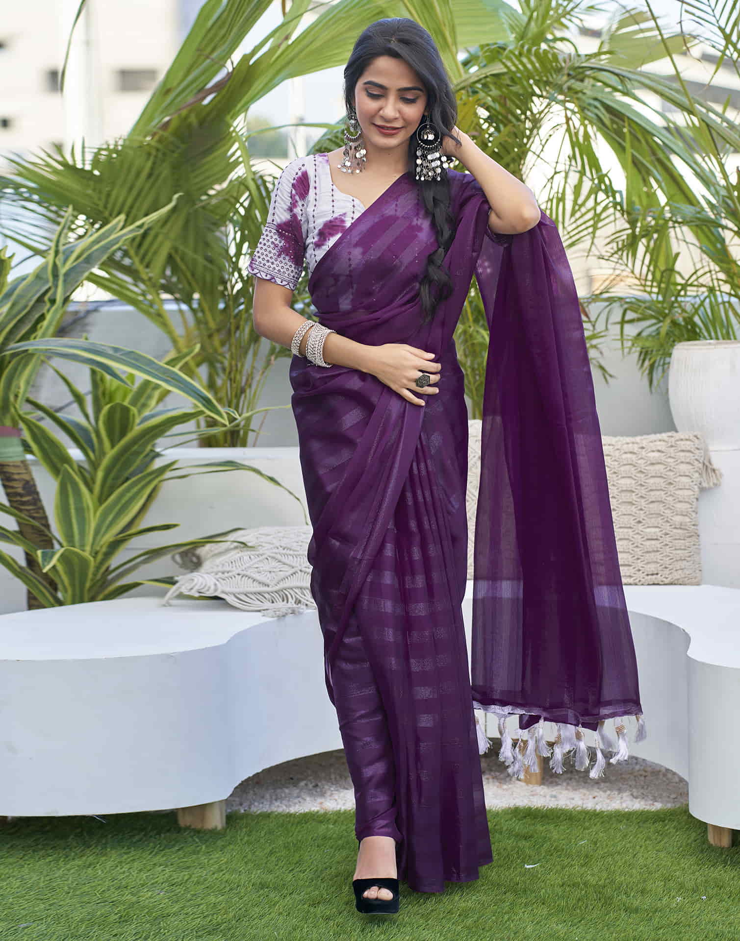 Dark Purple Chiffon Zari Plain Saree