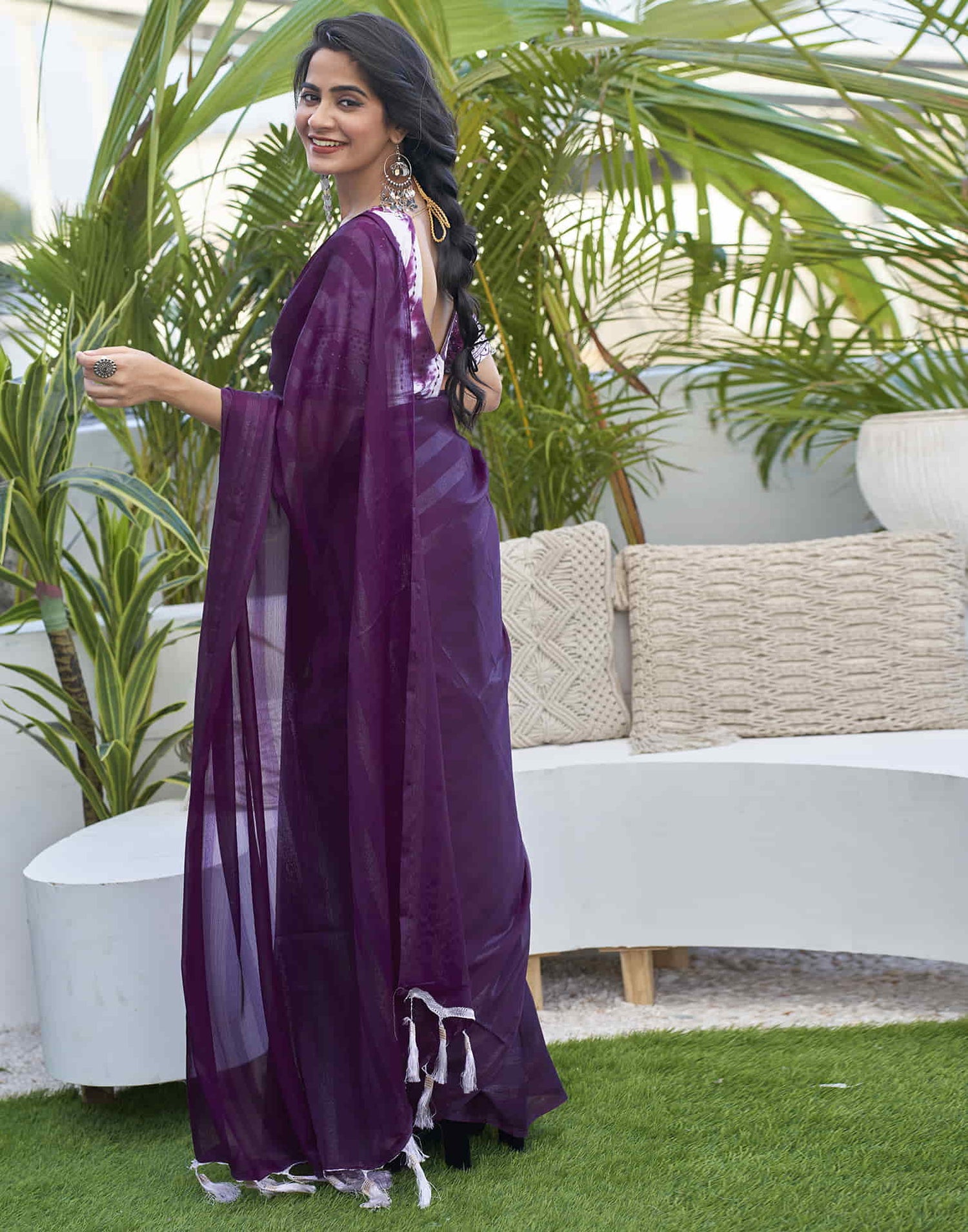 Dark Purple Chiffon Zari Plain Saree