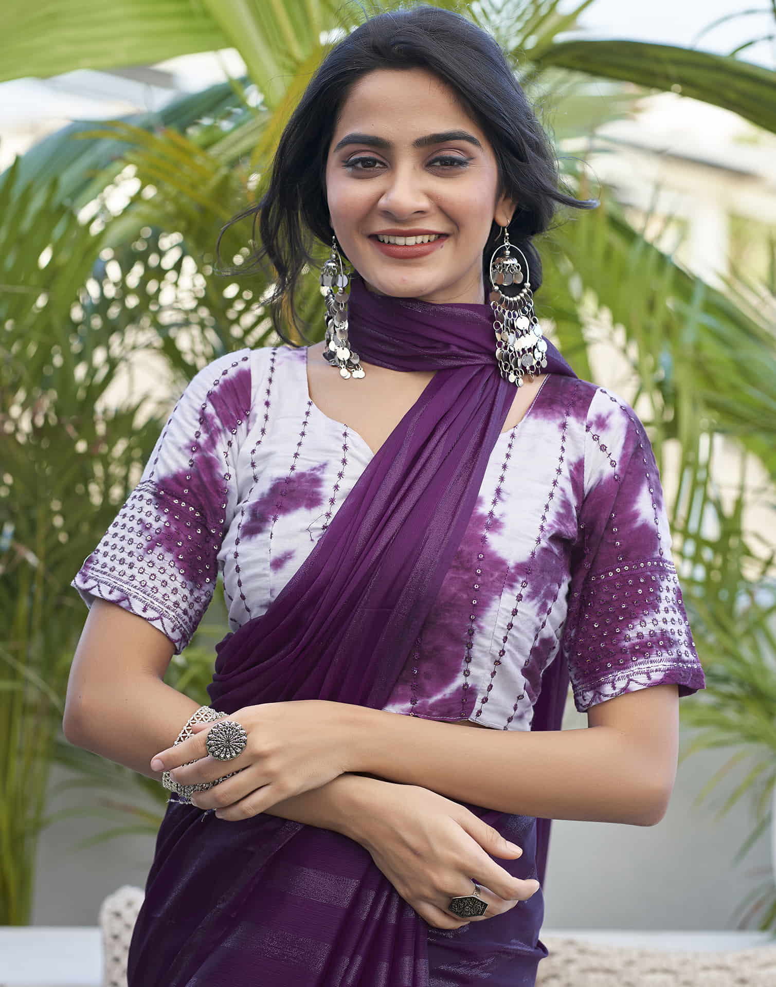 Dark Purple Chiffon Zari Plain Saree