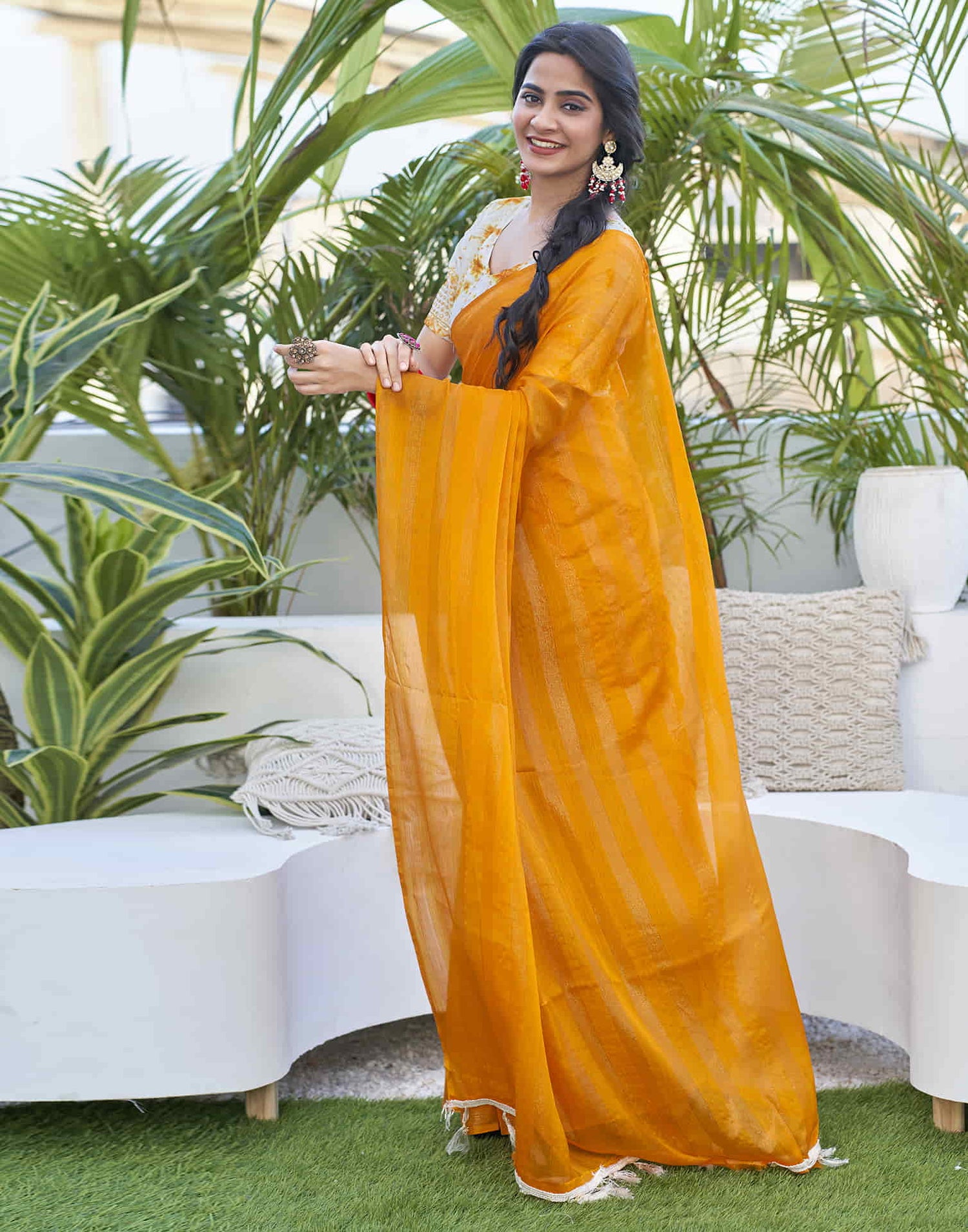 Turmeric Yellow Chiffon Zari Plain Saree