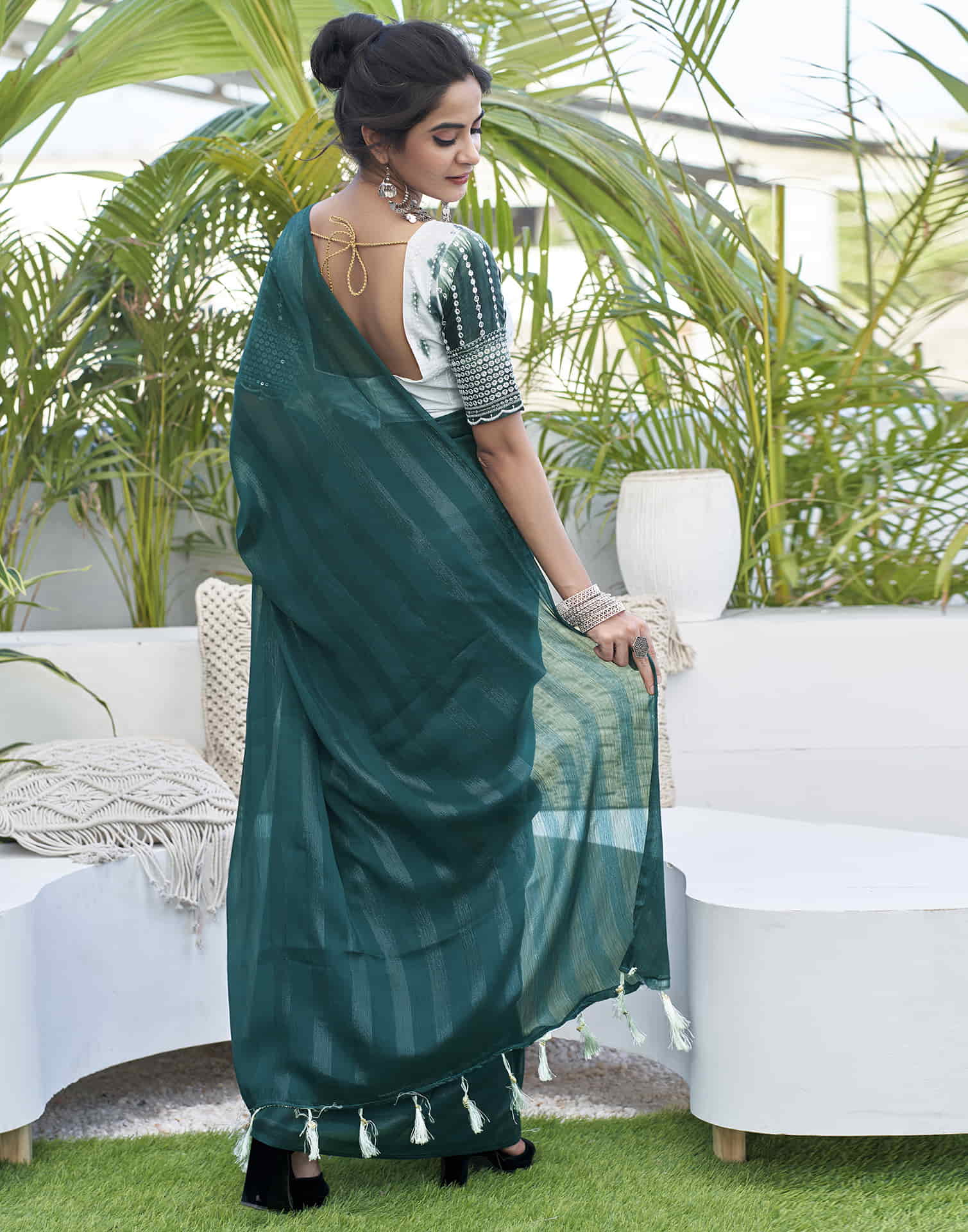 Rama Green Chiffon Zari Plain Saree