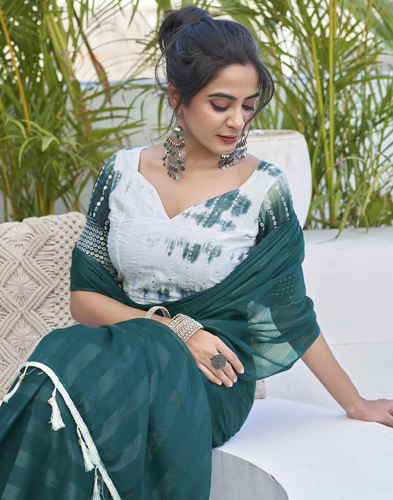 Rama Green Chiffon Zari Plain Saree