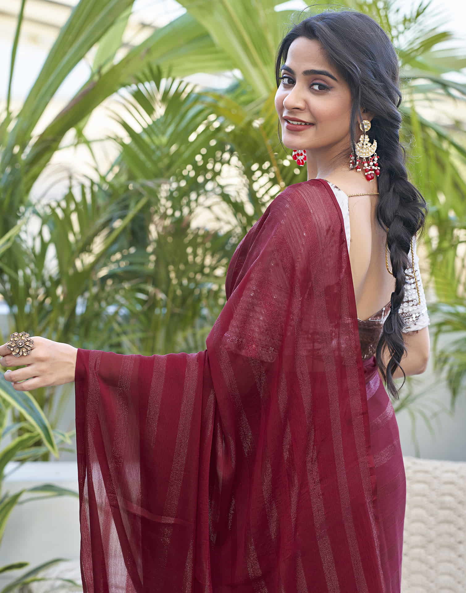 Maroon Chiffon Zari Plain Saree