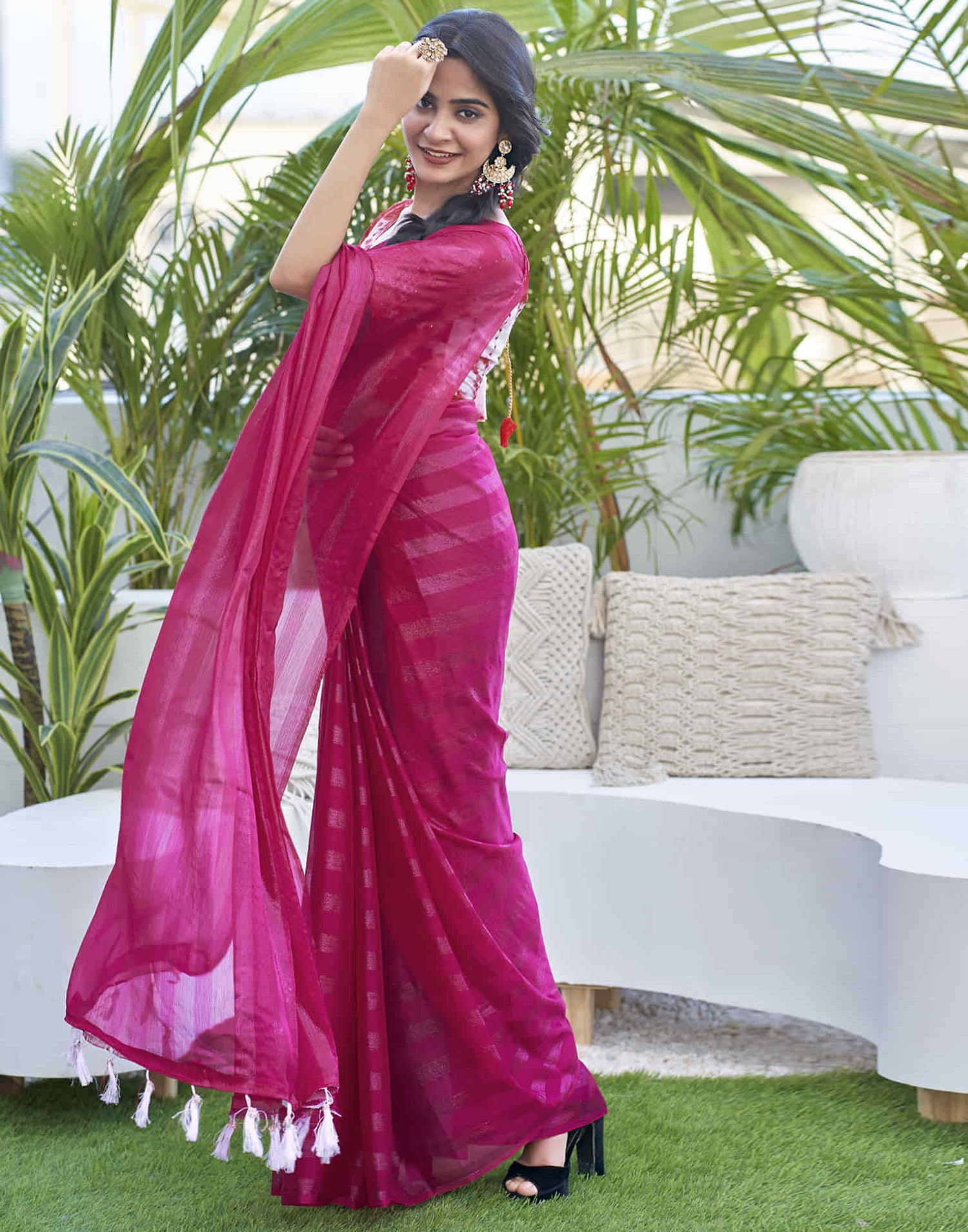 Rani Pink Chiffon Zari Plain Saree