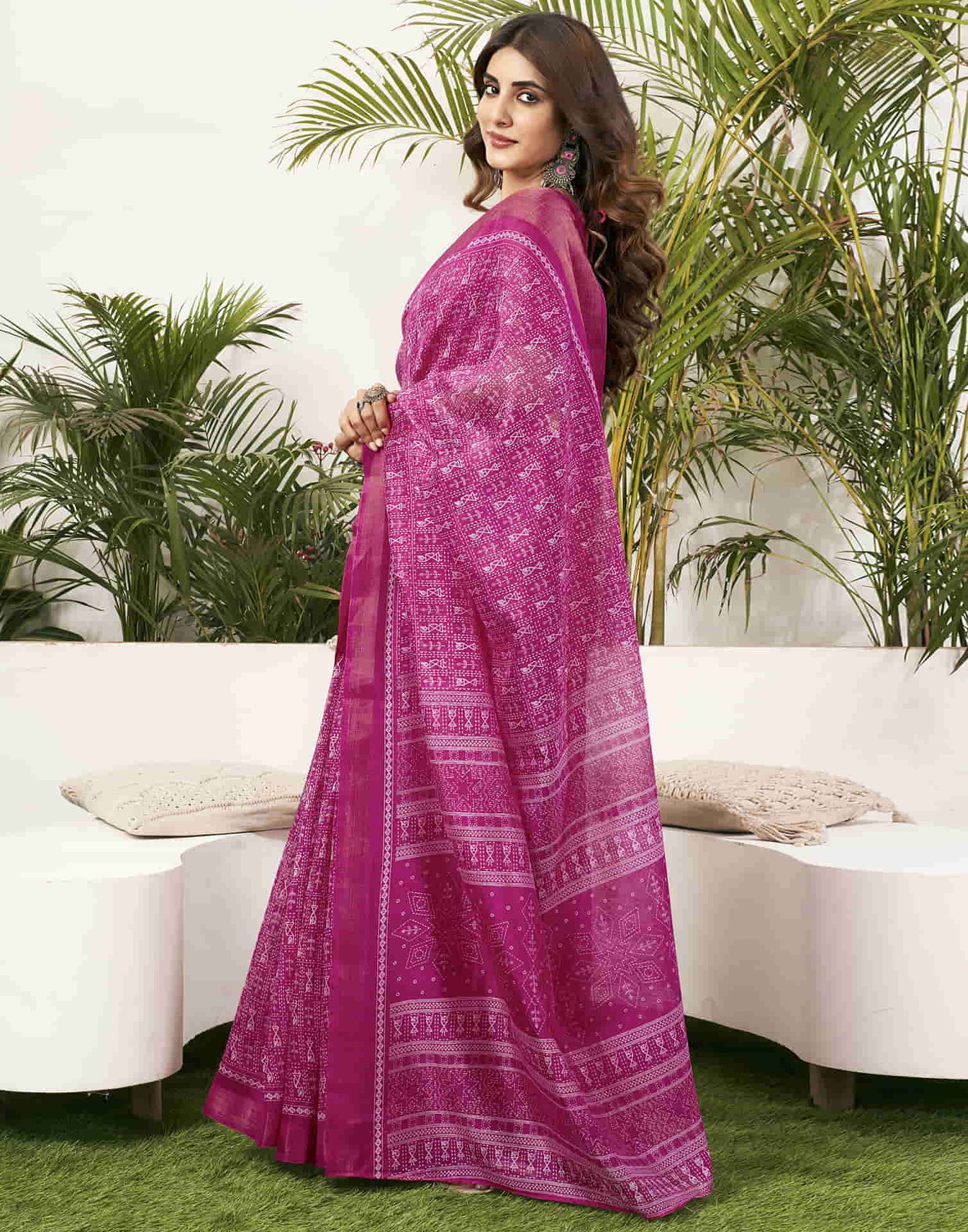 Rani Pink Cotton Printed Saree