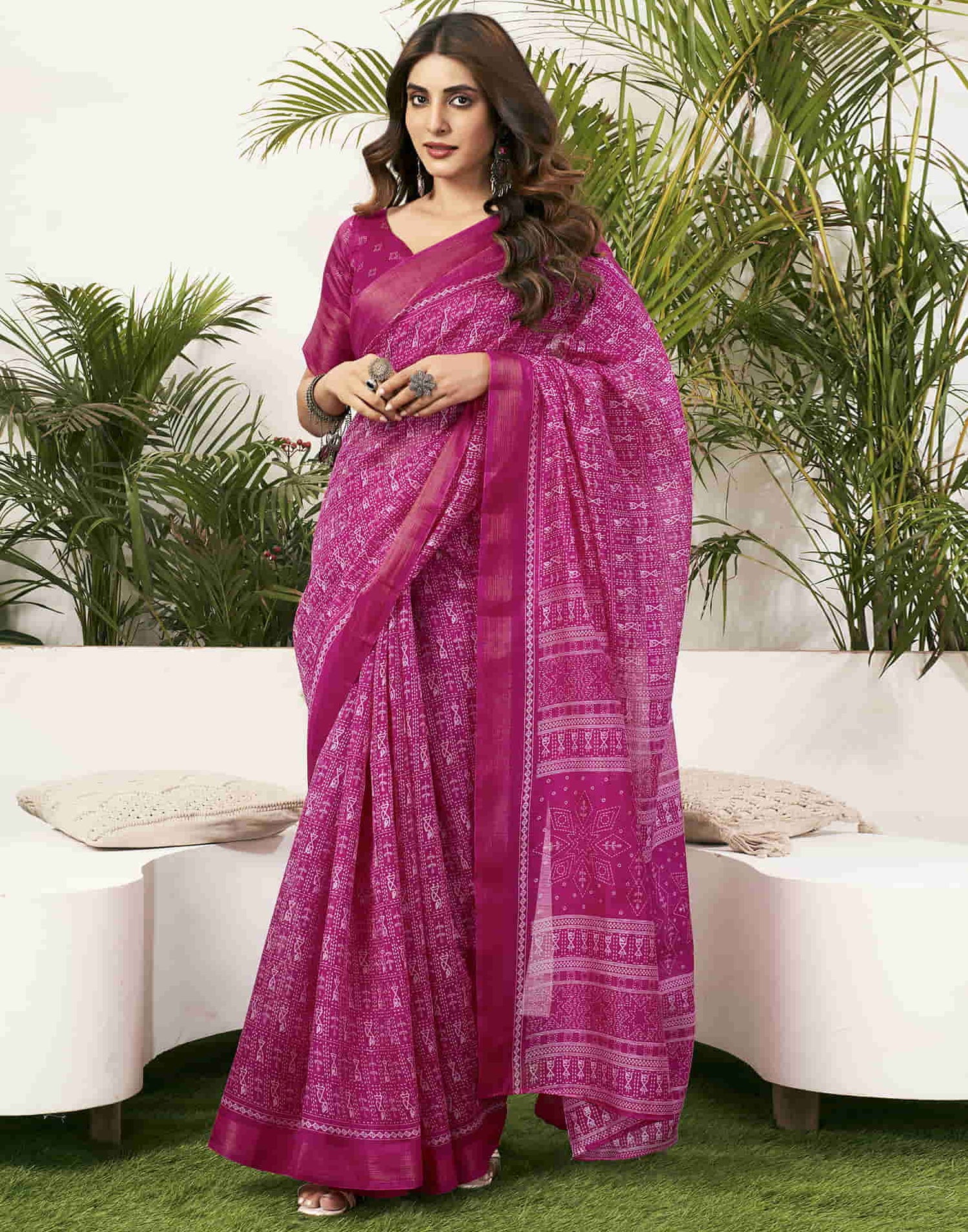 Rani Pink Cotton Printed Saree