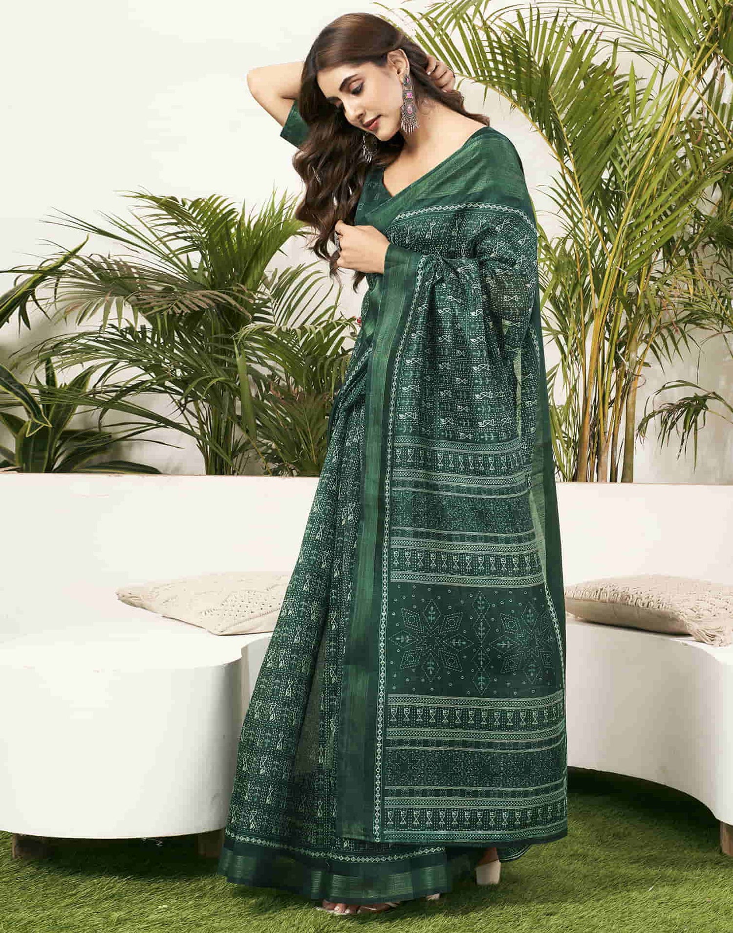 Dark Green Cotton Printed Saree