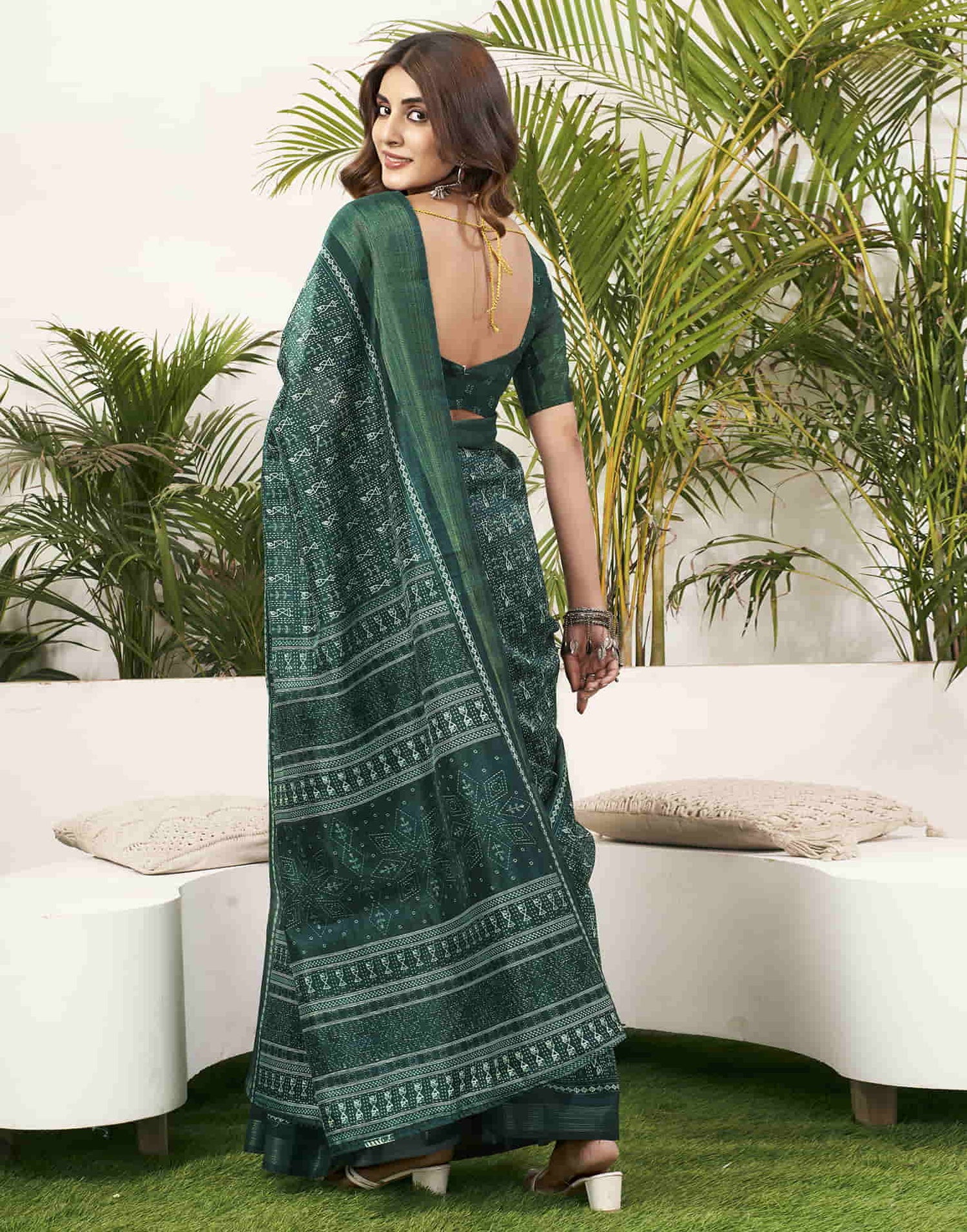 Dark Green Cotton Printed Saree