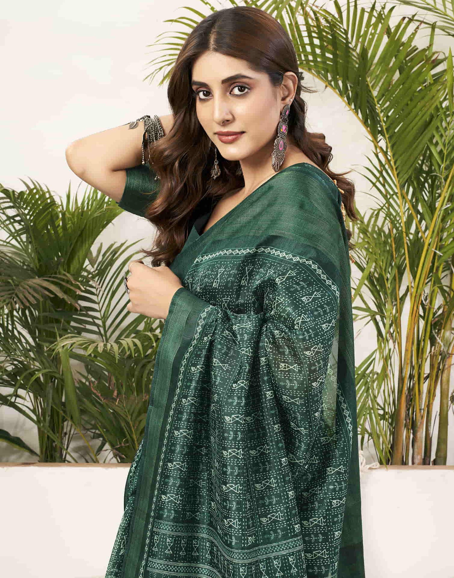 Dark Green Cotton Printed Saree