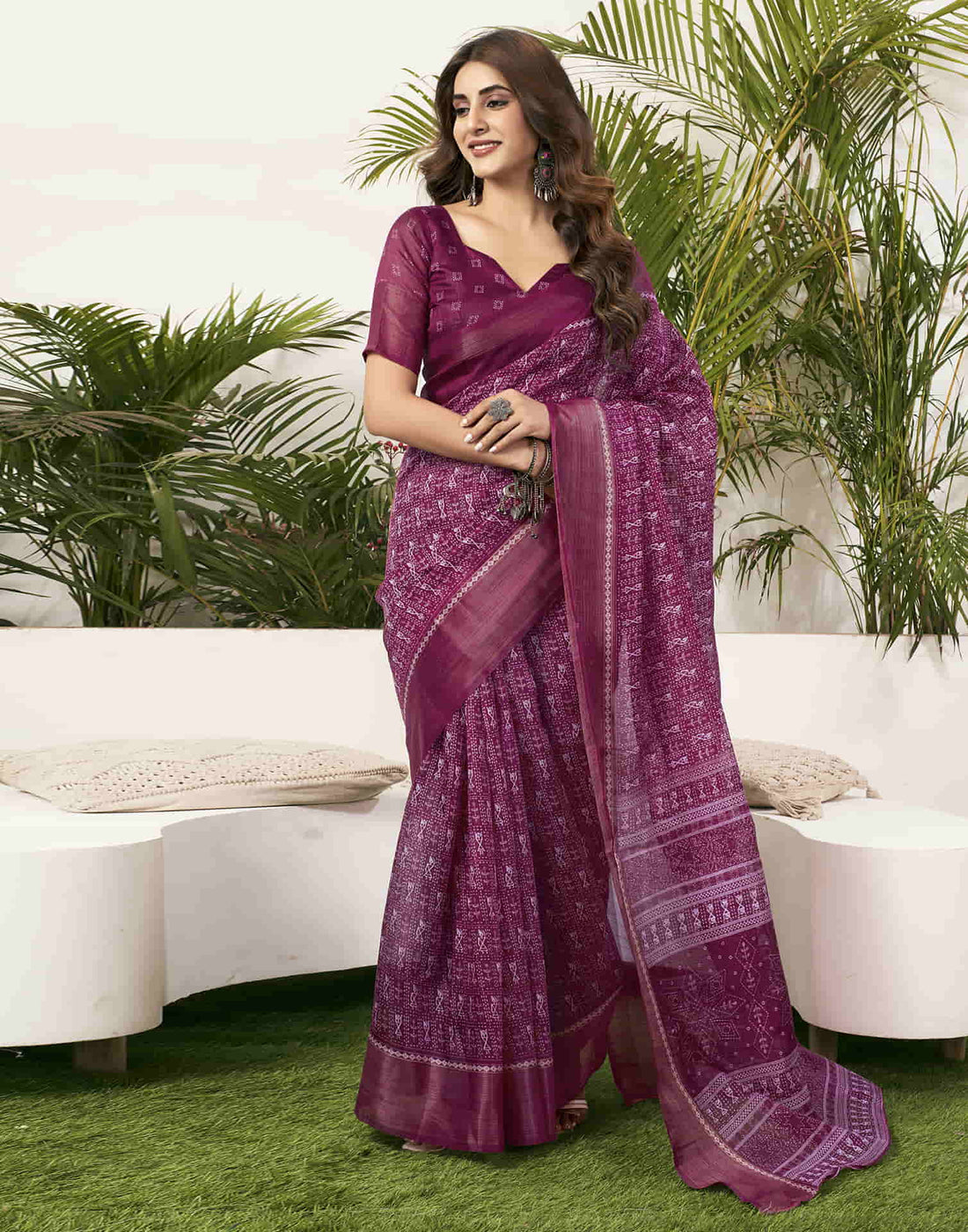 Wine Cotton Printed Saree