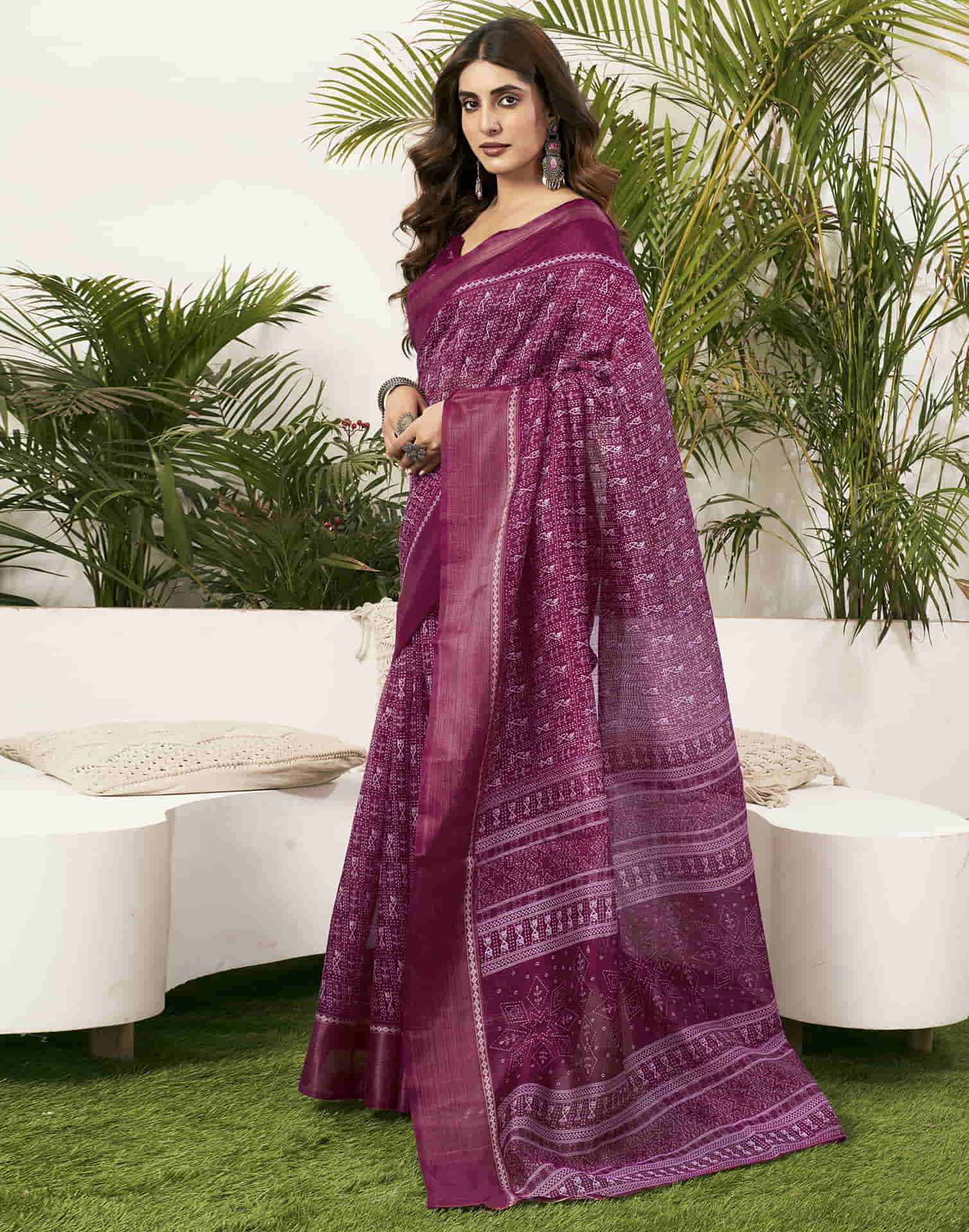 Wine Cotton Printed Saree