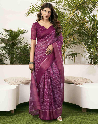 Wine Cotton Printed Saree