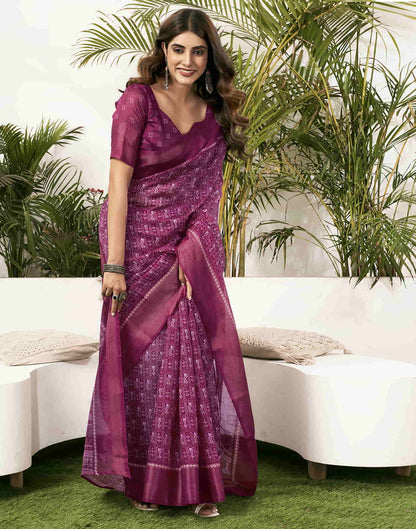 Wine Cotton Printed Saree