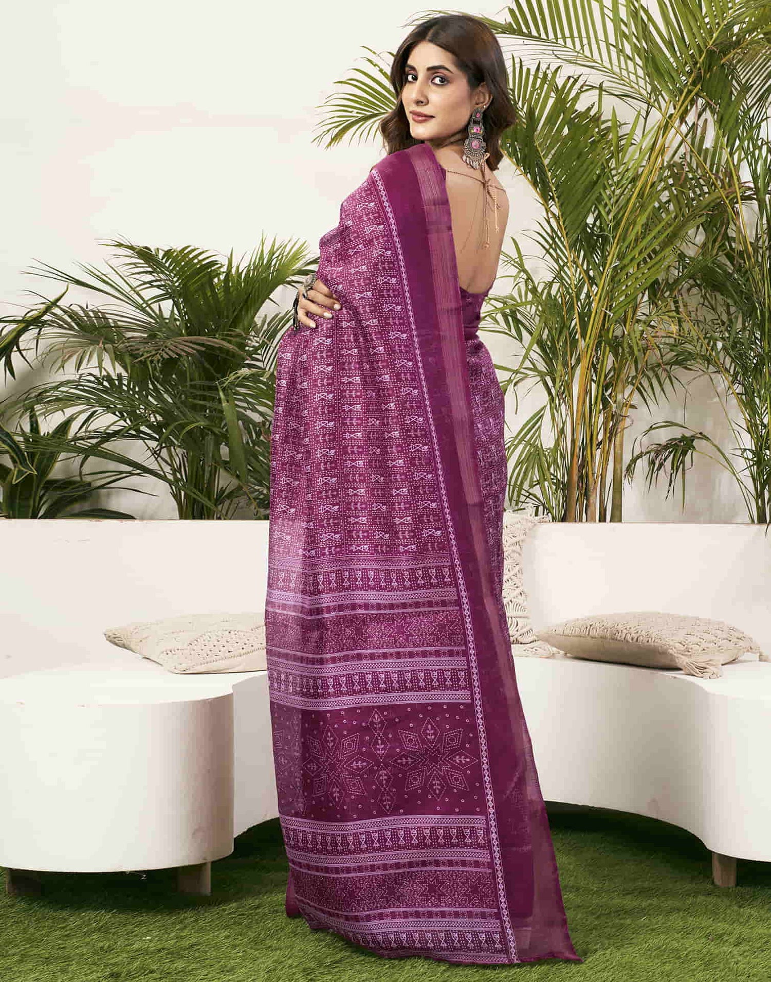 Wine Cotton Printed Saree