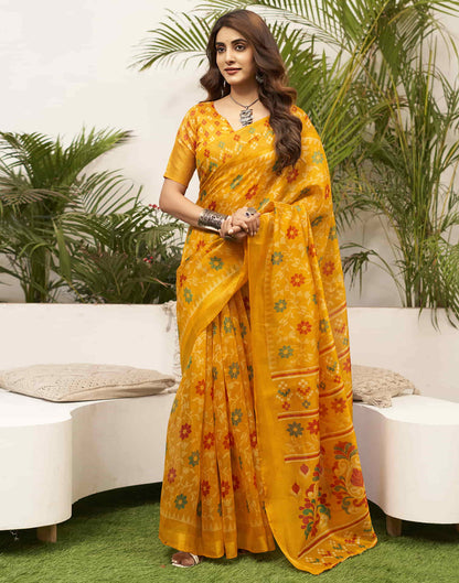 Turmeric Yellow Cotton Printed Saree