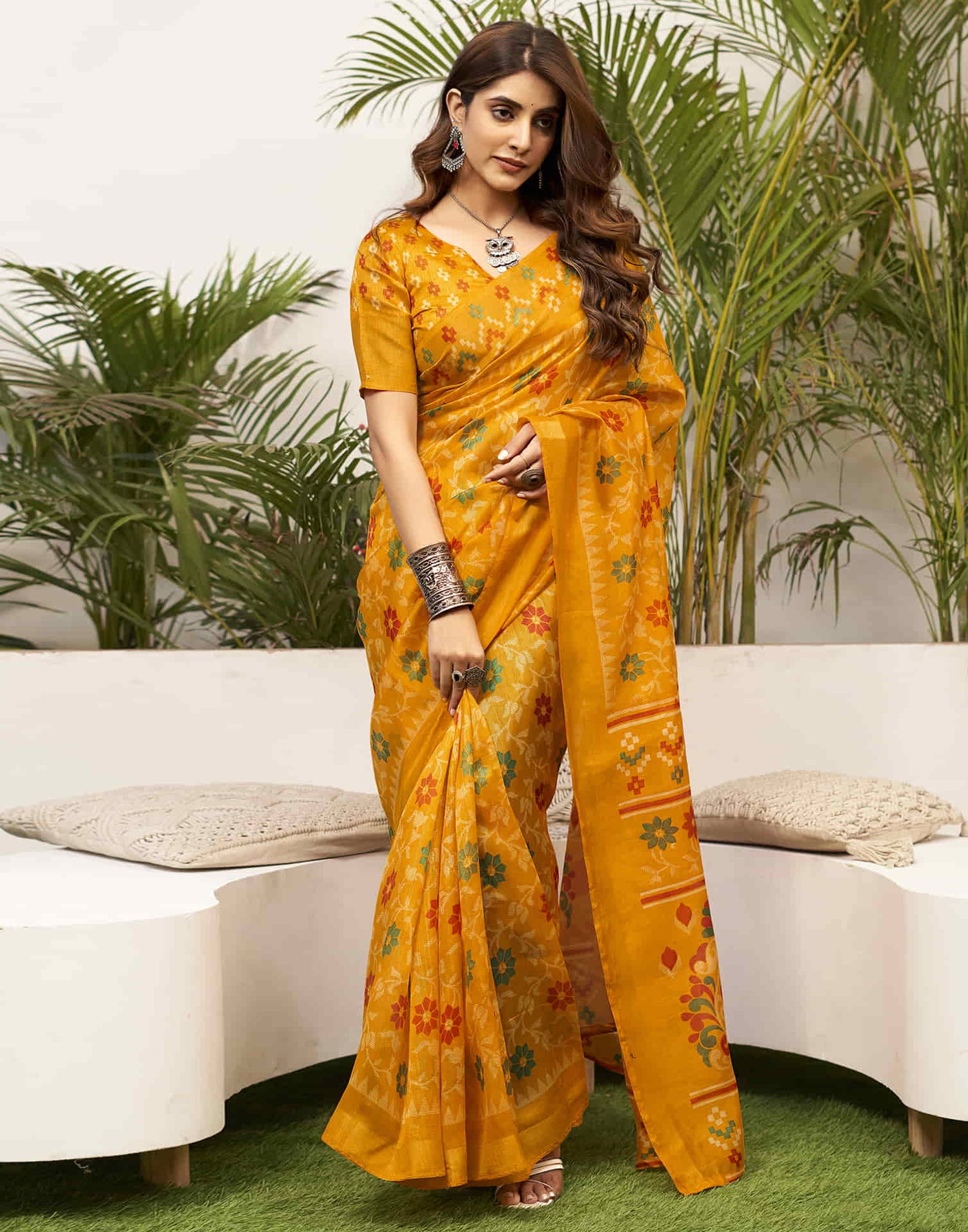 Turmeric Yellow Cotton Printed Saree