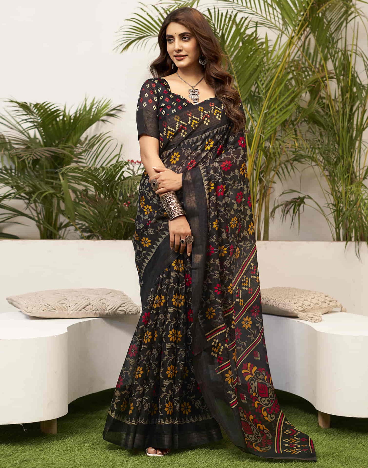 Black Cotton Printed Saree