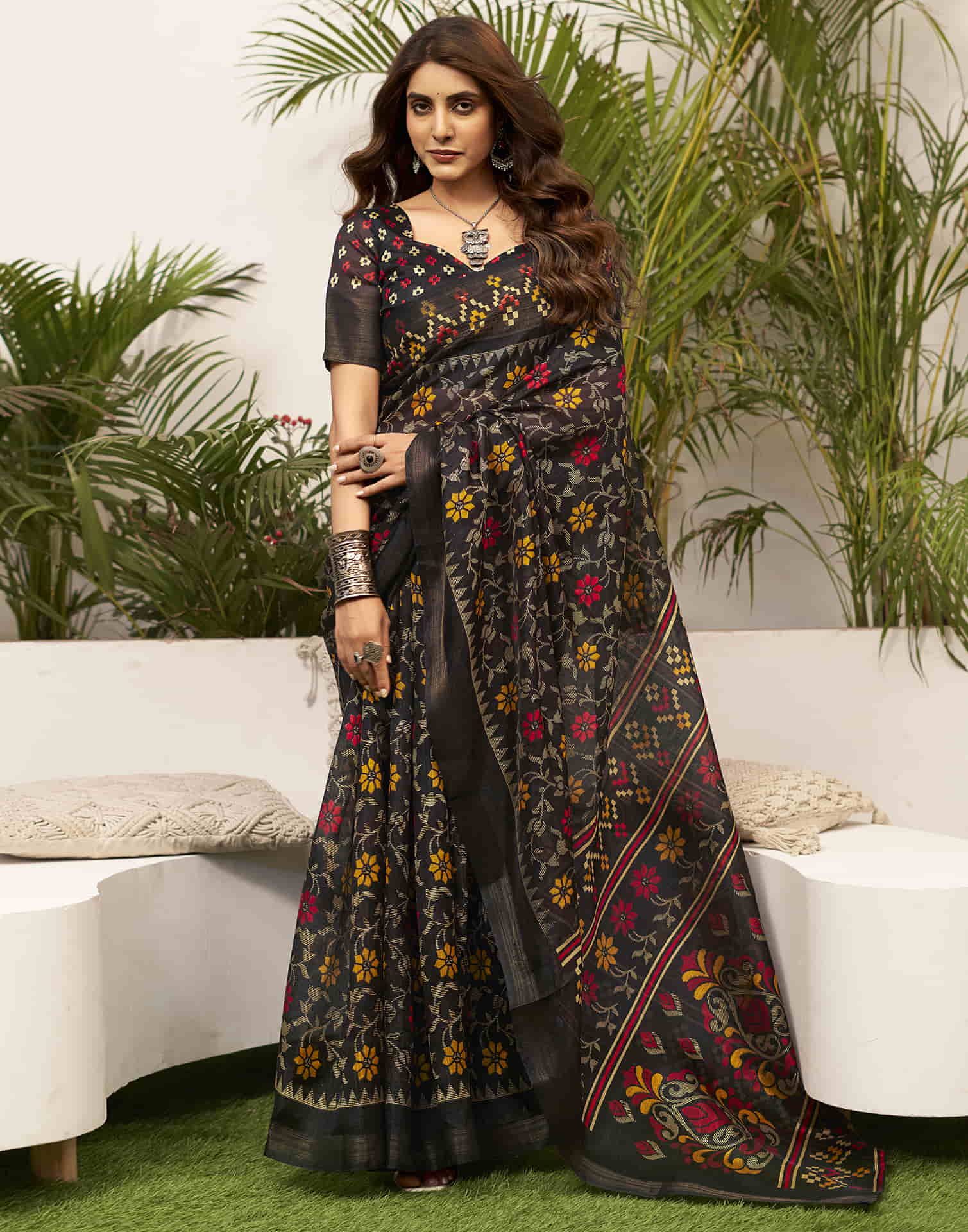 Black Cotton Printed Saree