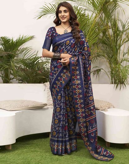 Navy Blue Cotton Printed Saree