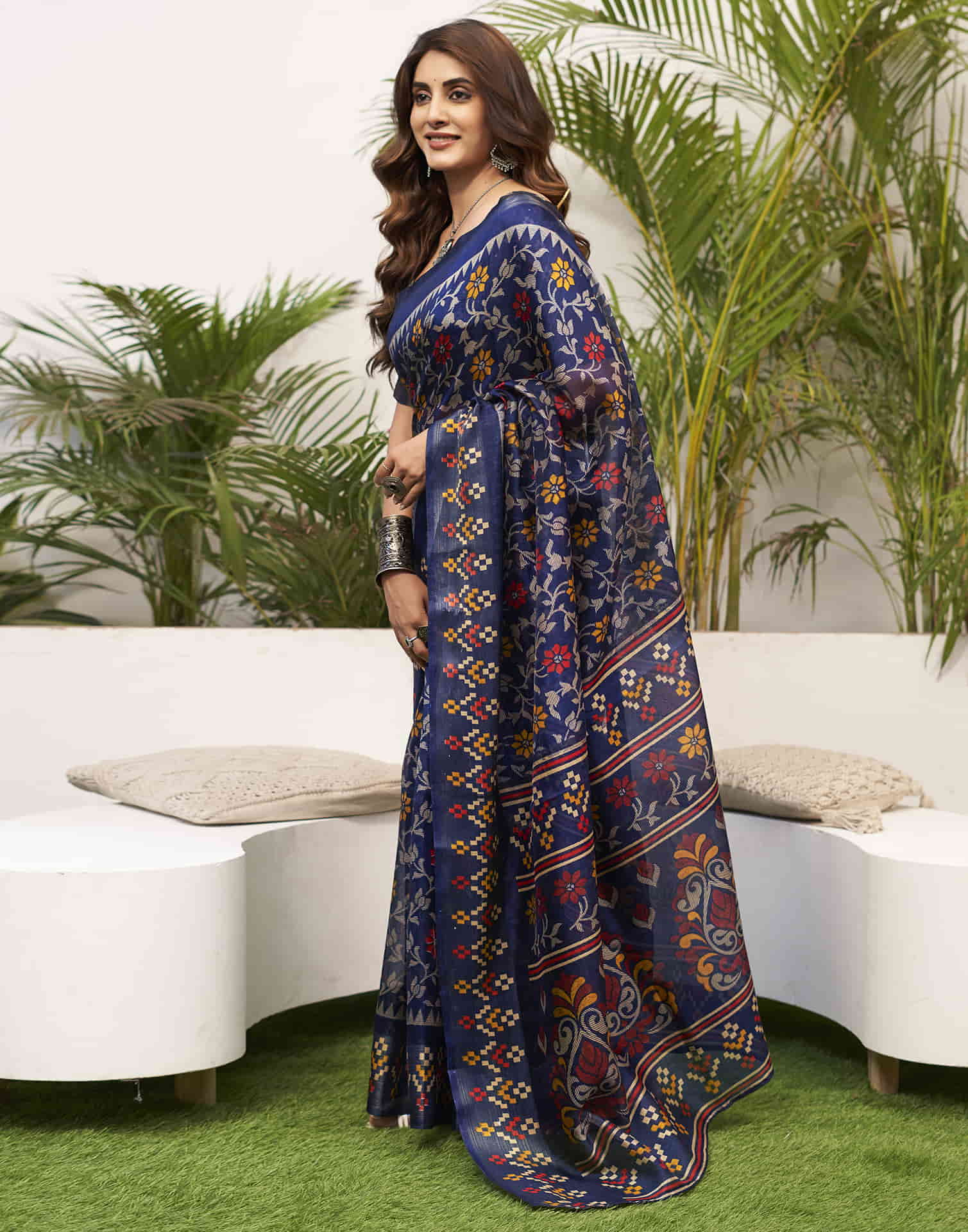 Navy Blue Cotton Printed Saree