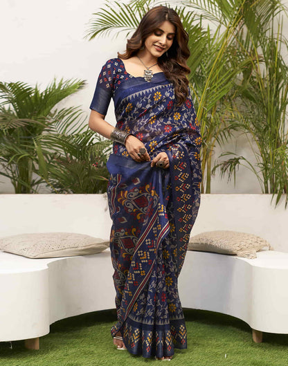 Navy Blue Cotton Printed Saree