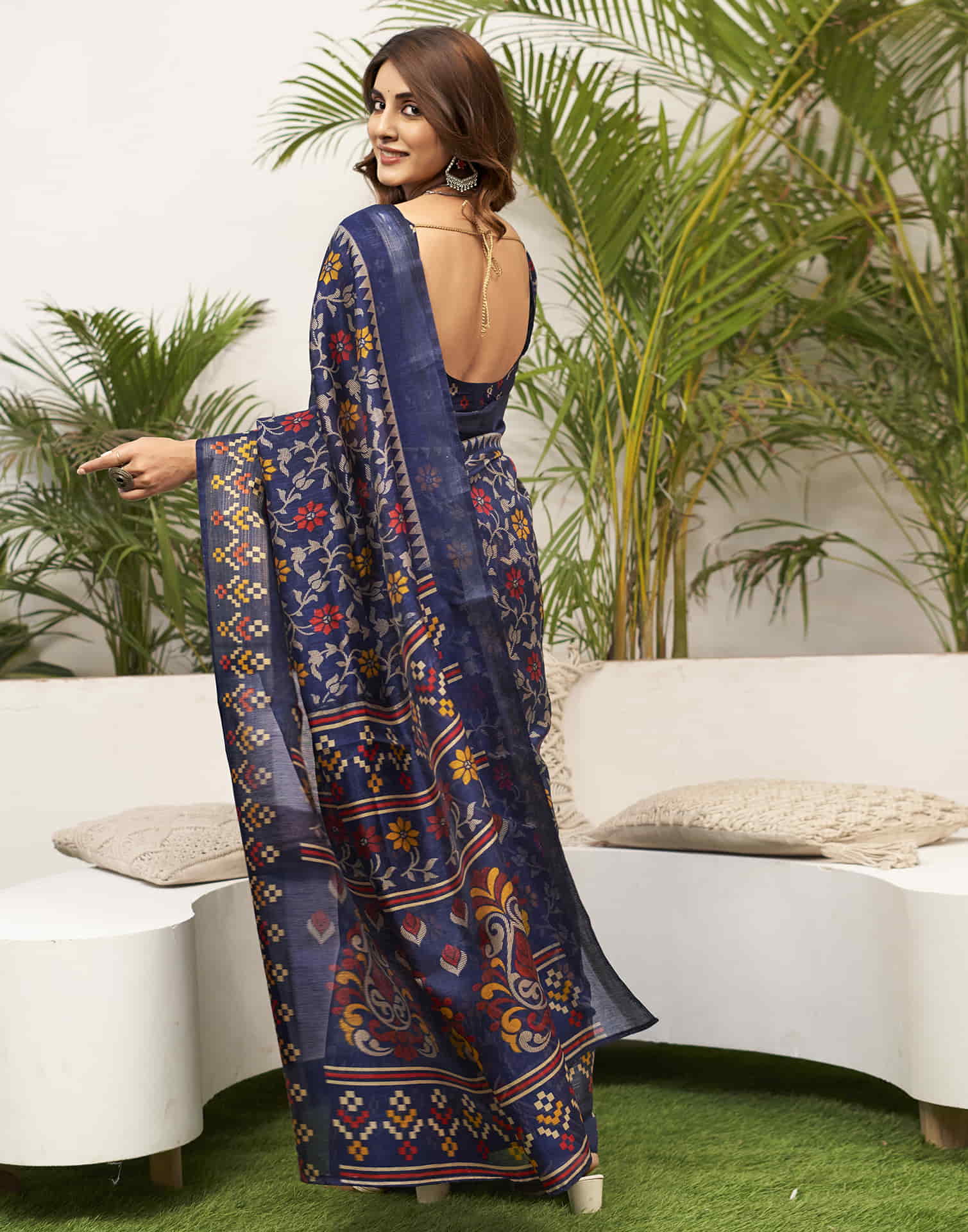 Navy Blue Cotton Printed Saree