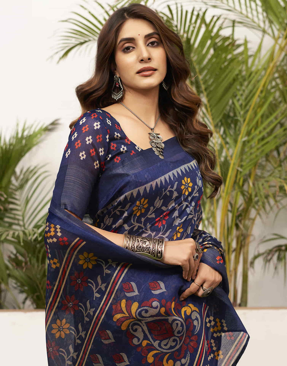 Navy Blue Cotton Printed Saree