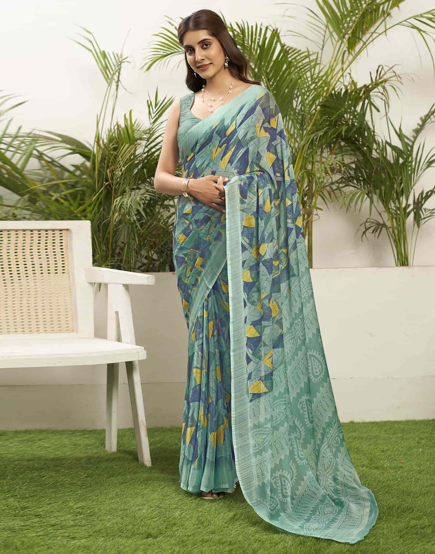 Turquoise Chiffon Printed Saree