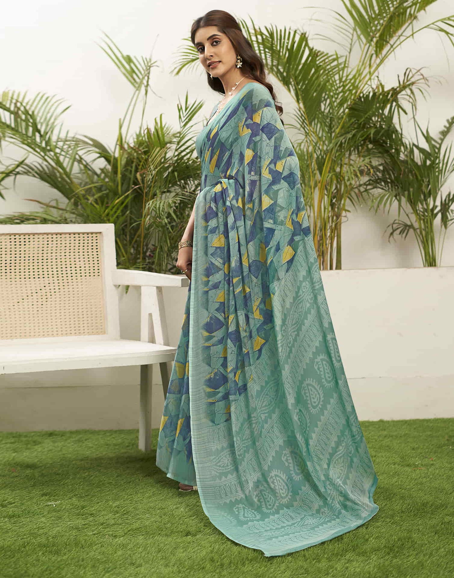 Turquoise Chiffon Printed Saree