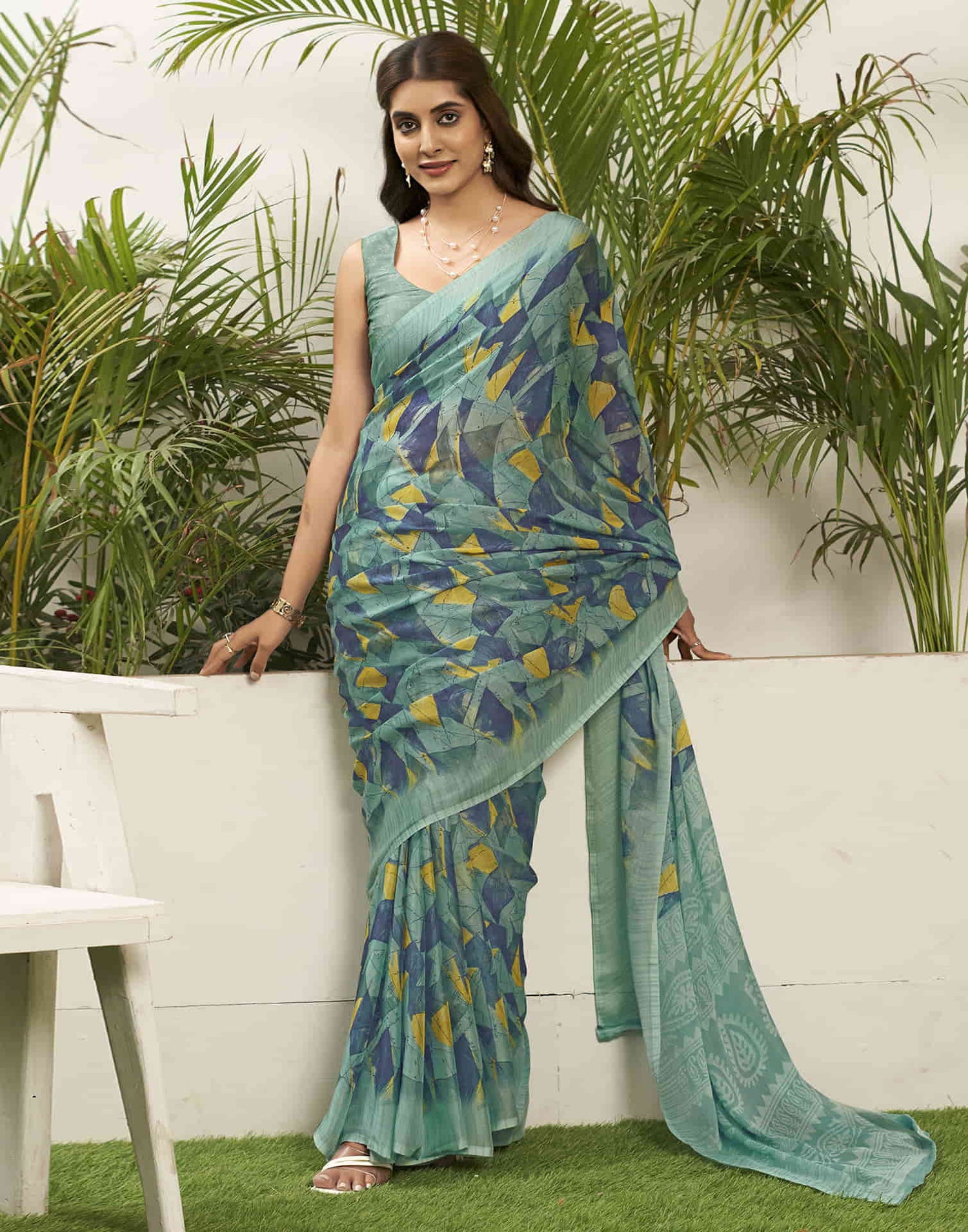 Turquoise Chiffon Printed Saree