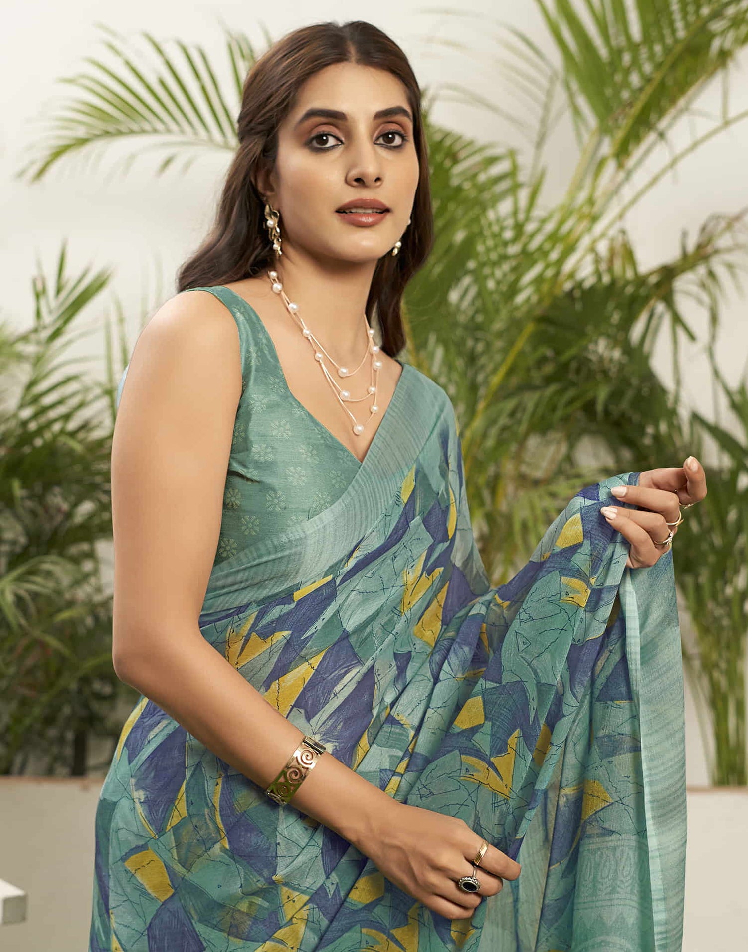 Turquoise Chiffon Printed Saree