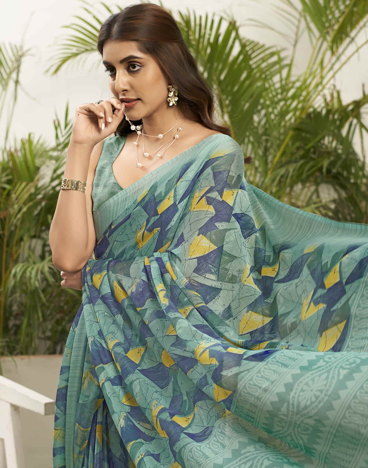 Turquoise Chiffon Printed Saree