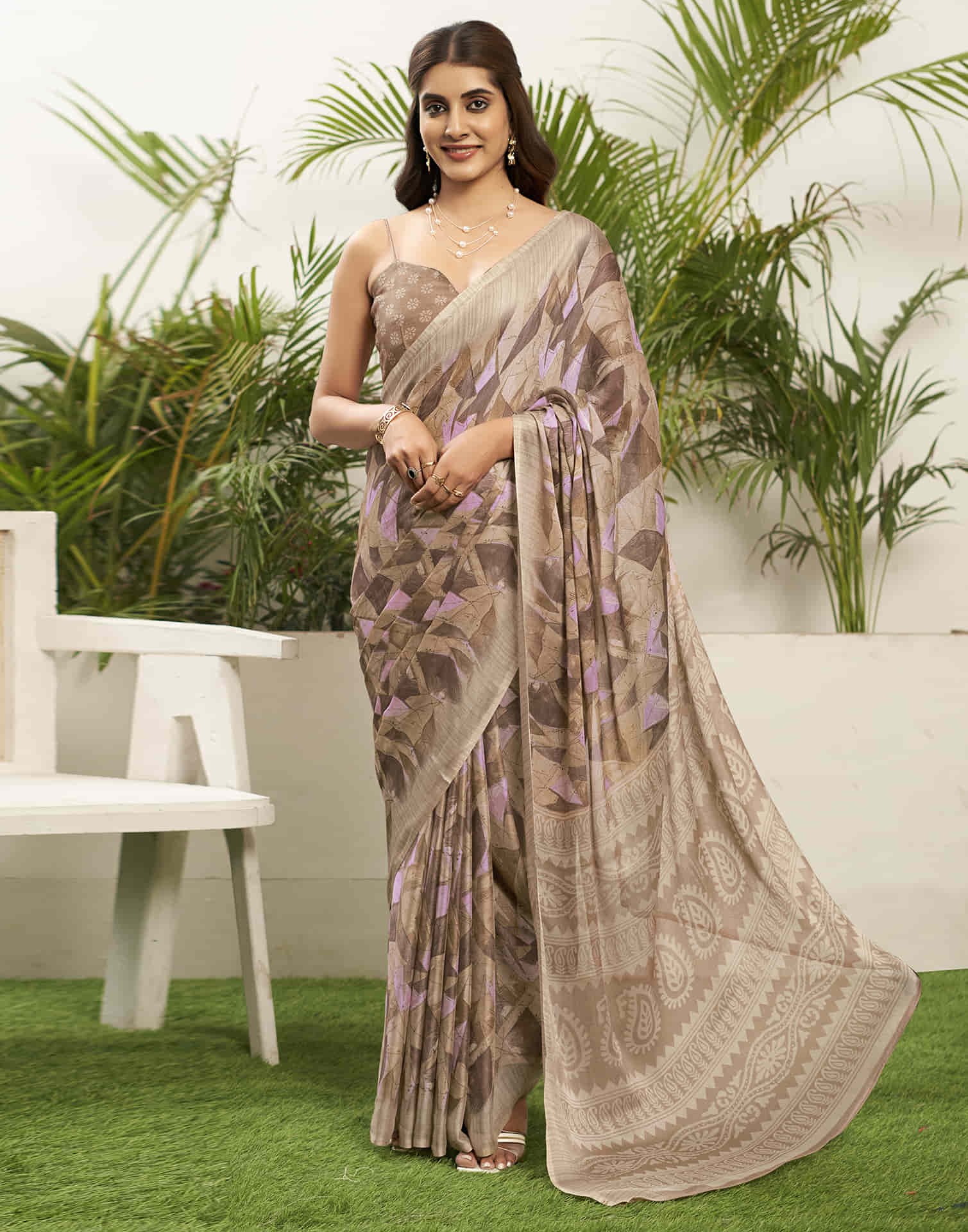 Beige Chiffon Printed Saree