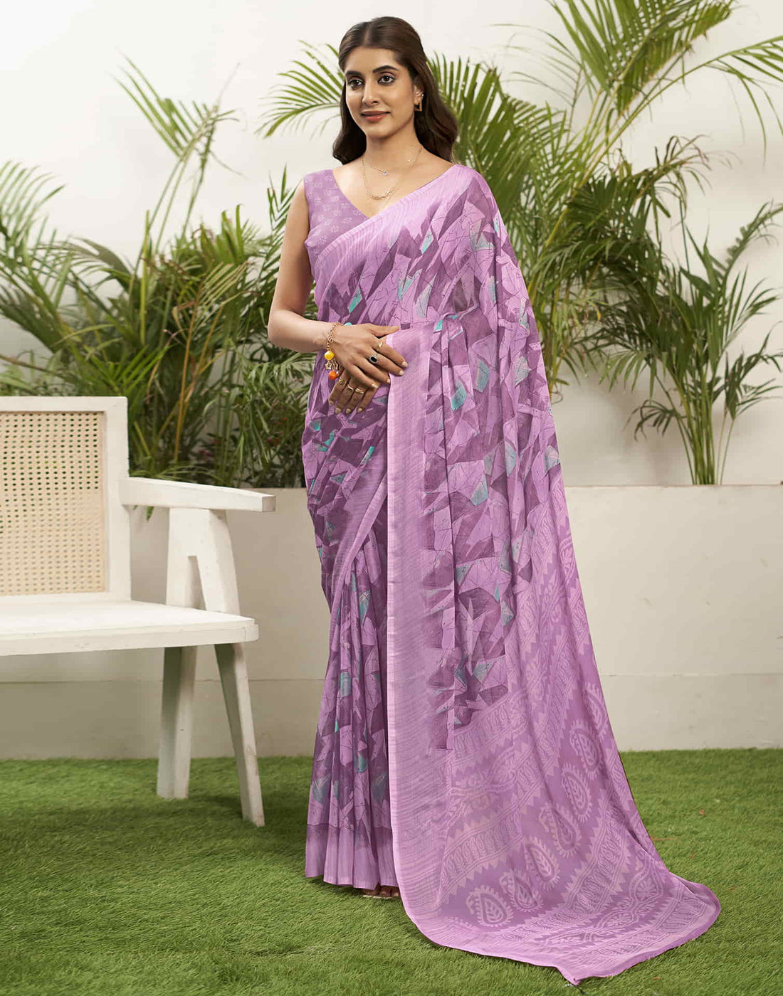 Light Purple Chiffon Printed Saree