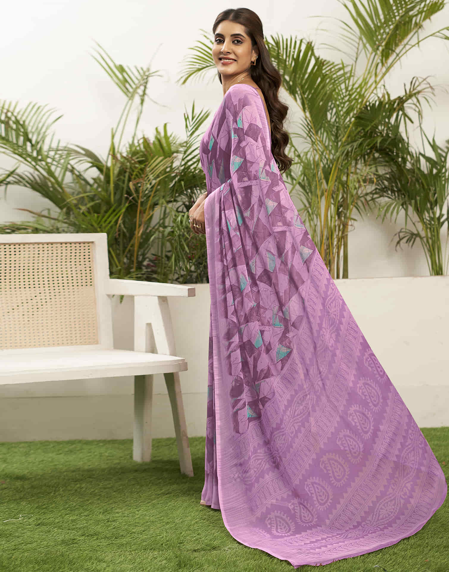 Light Purple Chiffon Printed Saree