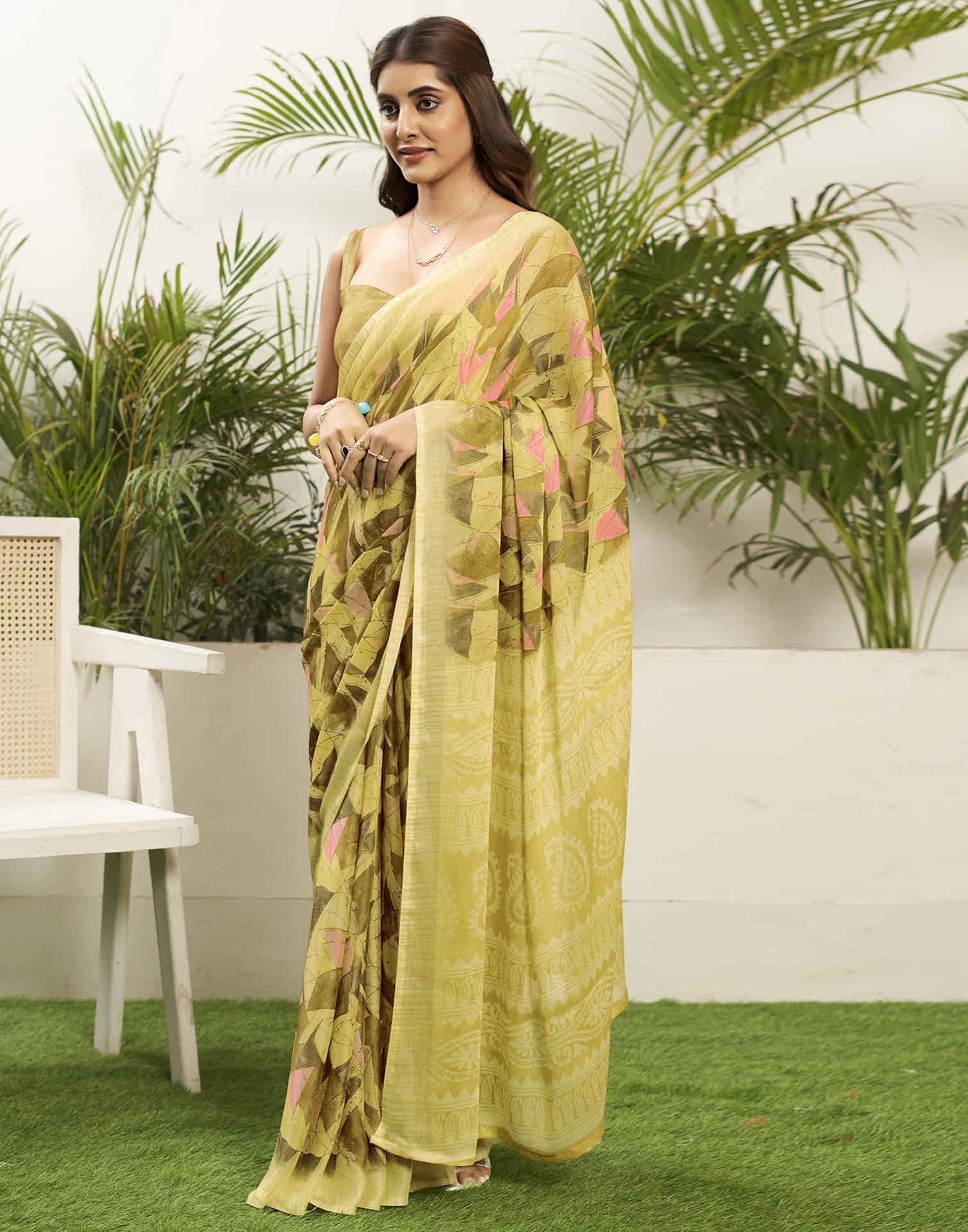 Light Yellow Chiffon Printed Saree