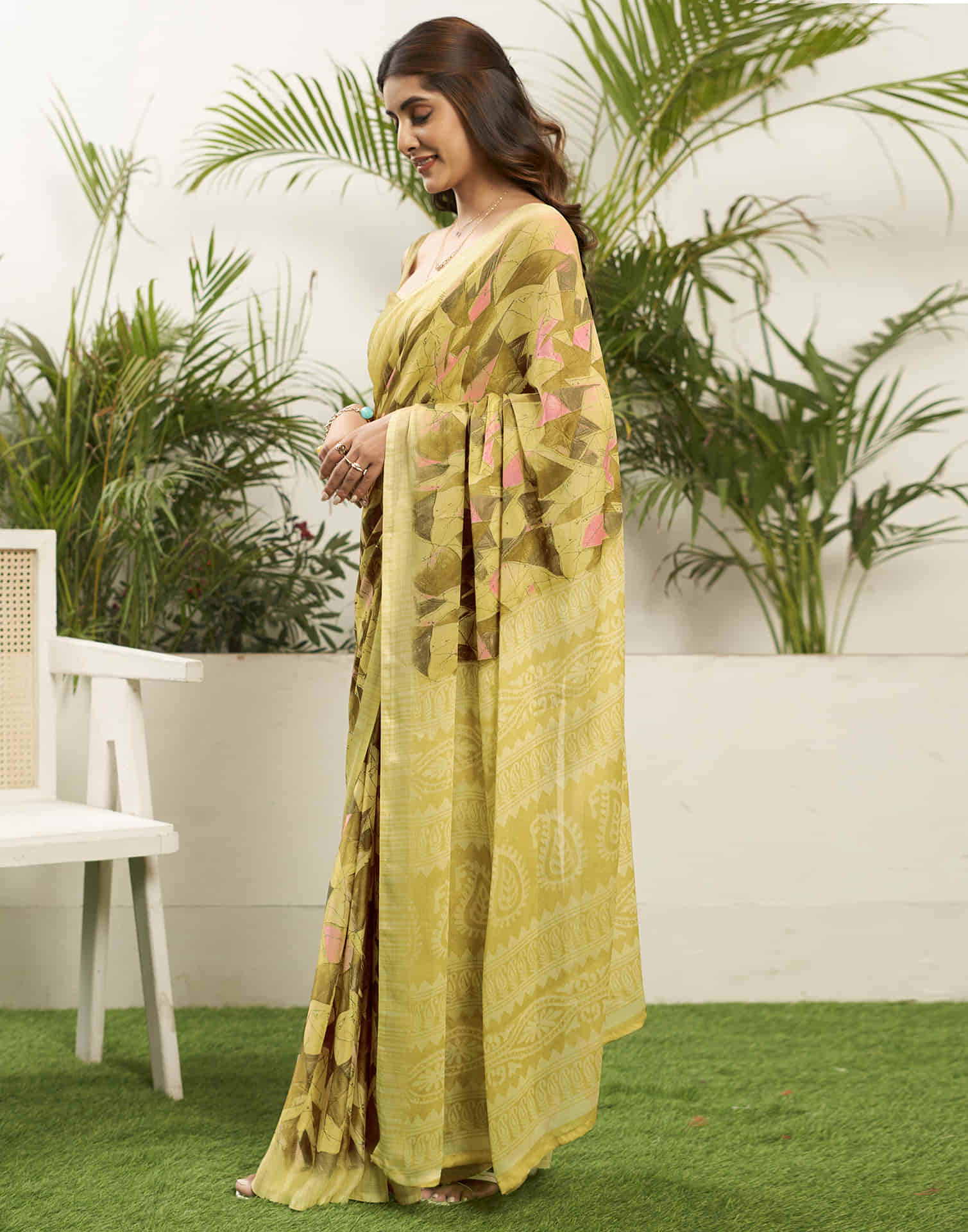 Light Yellow Chiffon Printed Saree